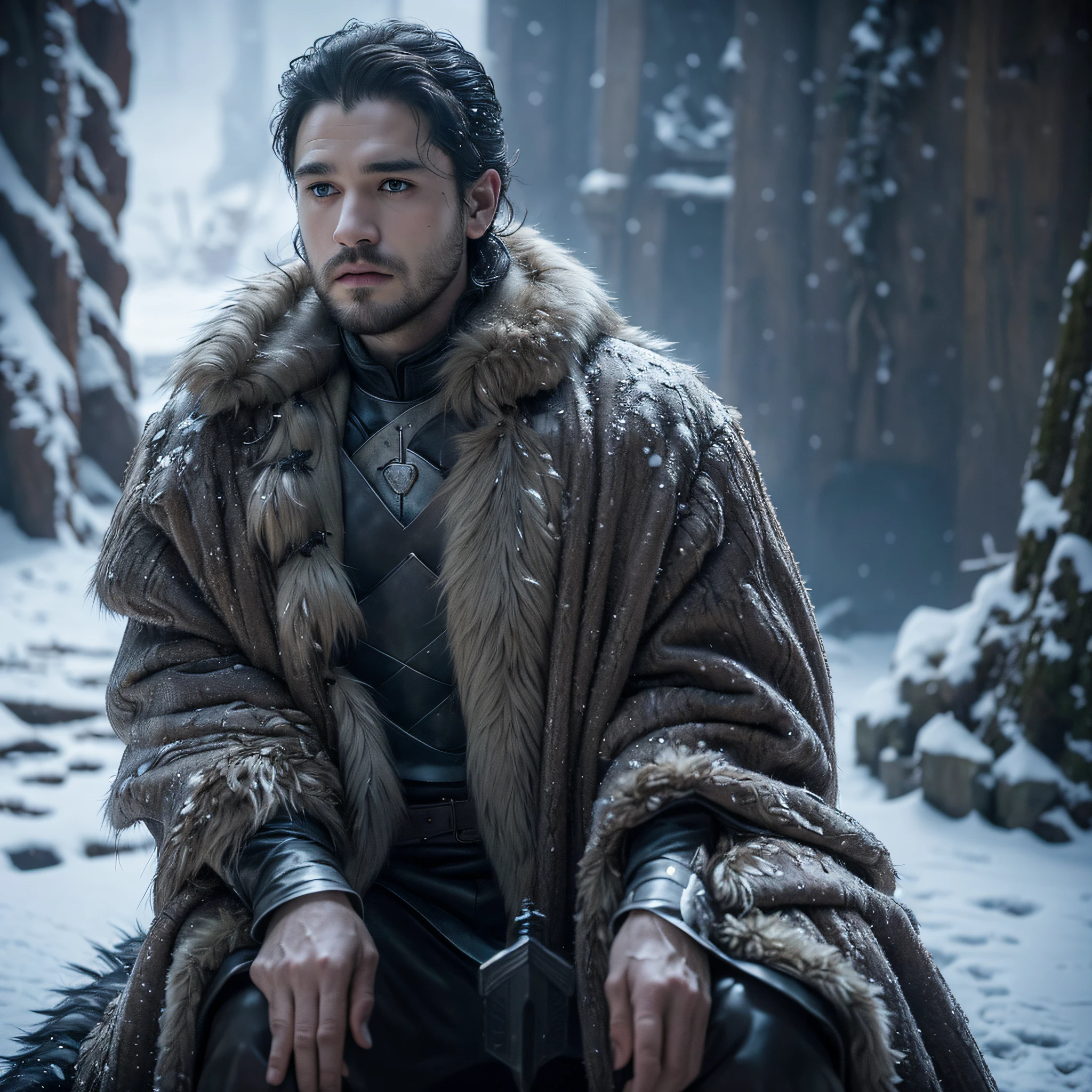 arafed man in a fur coat in the snow, no beard,shaved beard, still from game of thrones, still image from game of thrones, shot from game of thrones, from of thrones, movie still from game of thrones, game of thrones, style of game of thrones, games of thrones, handsome man, portrait shot, art directed filmic, cinematic