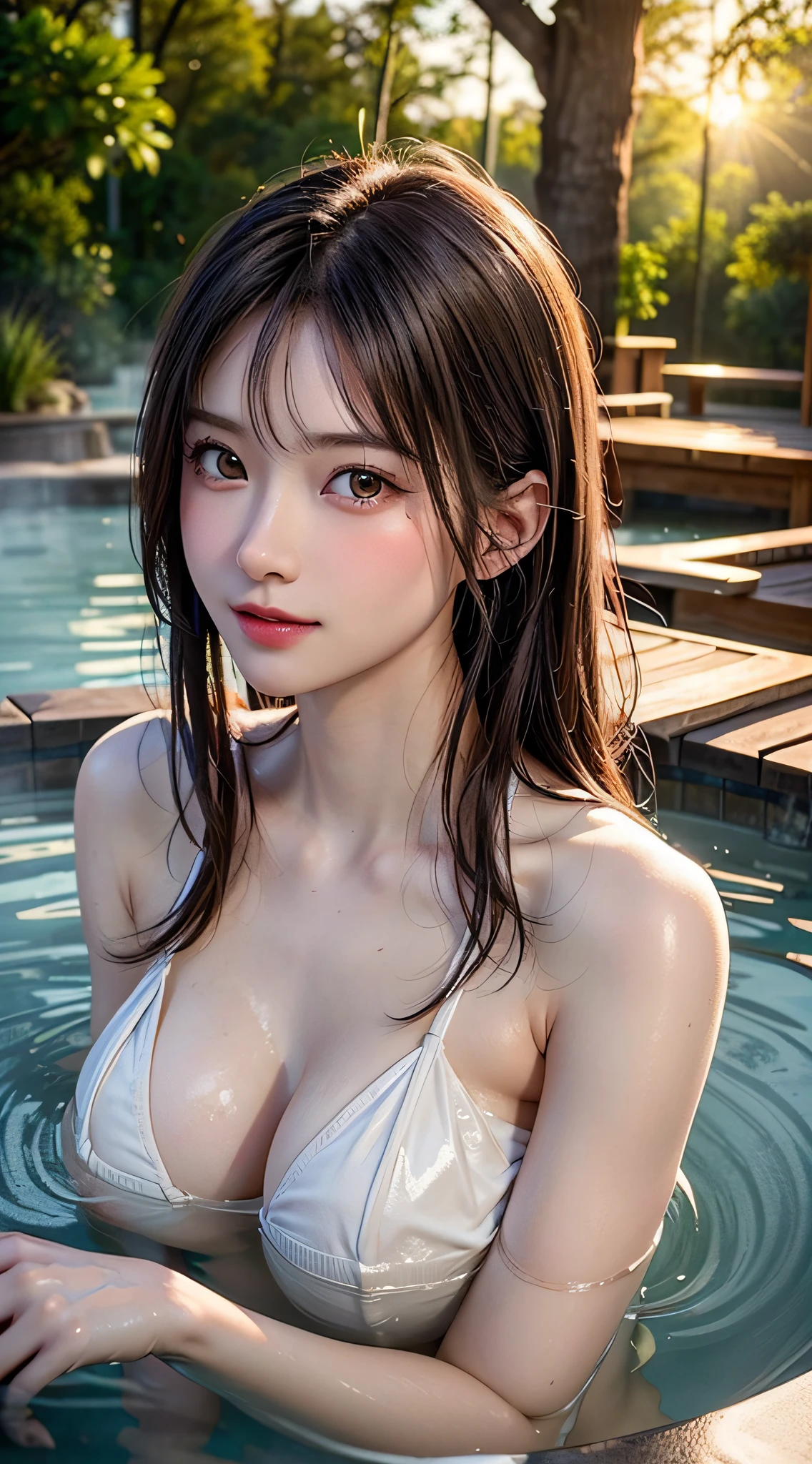 1girl, Extremely cute, Amazing face and eyes, (Beautiful lovely smile), (extremely detailed beautiful face), bright and shiny lips, sexy look, keep staring at me, (Soaking in a hot spring naked:1.3), smooth skin, super beautiful, attractive, (Best Quality:1.4), (hyper quality), (Ultra-detailed), (hyper-realistic, Photorealsitic:1.37), Authentic skin texture, complex details, extremely detailed CG unified 8k wallpaper, RAW Photos, professional photograpy, Cinematic lighting, (taking a bath in a hot spring), ((Hot springs, open-air baths, forests, forests, sunsets)),