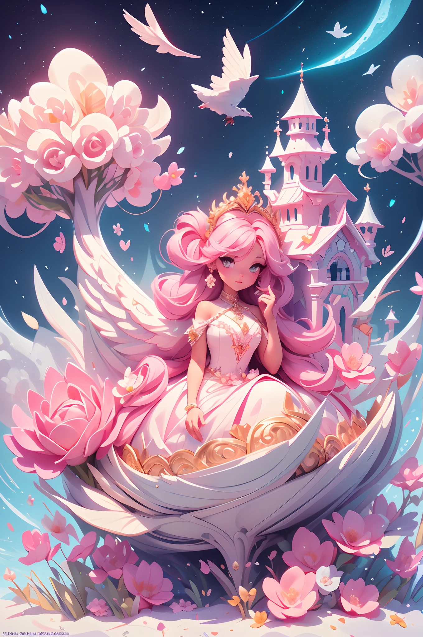 Castle, Flowers, delicate scene, sky, White clouds, and sunlight shine on the snow-white beach. Birds, Pink flowers and bright large shells, diamond crystal, On the beach, fantasy, Night sky, Moon, Smoke, Fire, Photo, HD, 8K, hyper HD, Super detail, High quality, 1080p