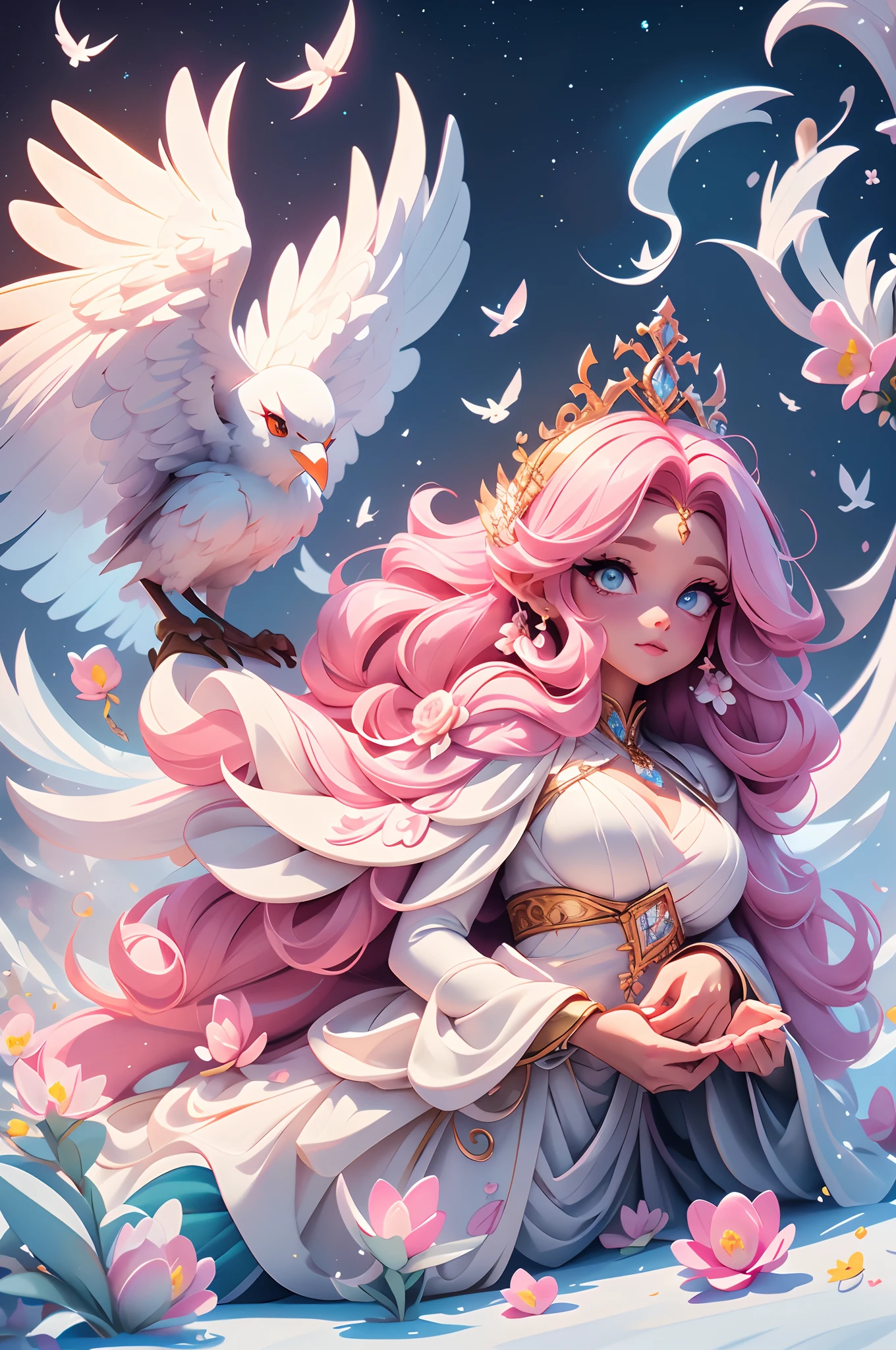 Castle, Flowers, delicate scene, sky, White clouds, and sunlight shine on the snow-white beach. Birds, Pink flowers and bright large shells, diamond crystal, On the beach, fantasy, Night sky, Moon, Smoke, Fire, Photo, HD, 8K, hyper HD, Super detail, High quality, 1080p