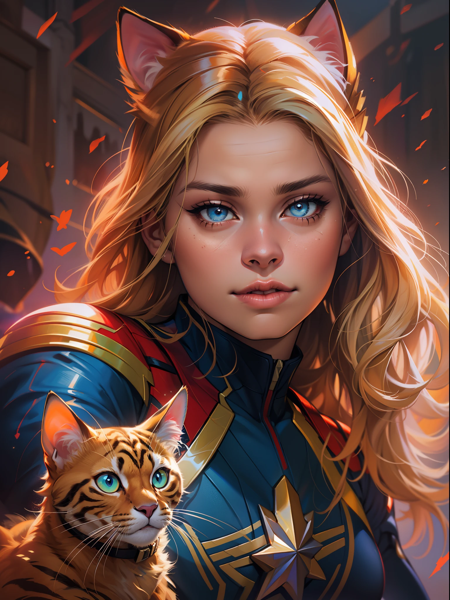 A girl with a marvel goose cat, beautiful detailed eyes and lips, medium: oil painting, detailed colorful, vibrant colors, natural lighting, highres, vivid plumage, Marvel cinematic universe wiki, magical atmosphere, goose style captain marvel's cat