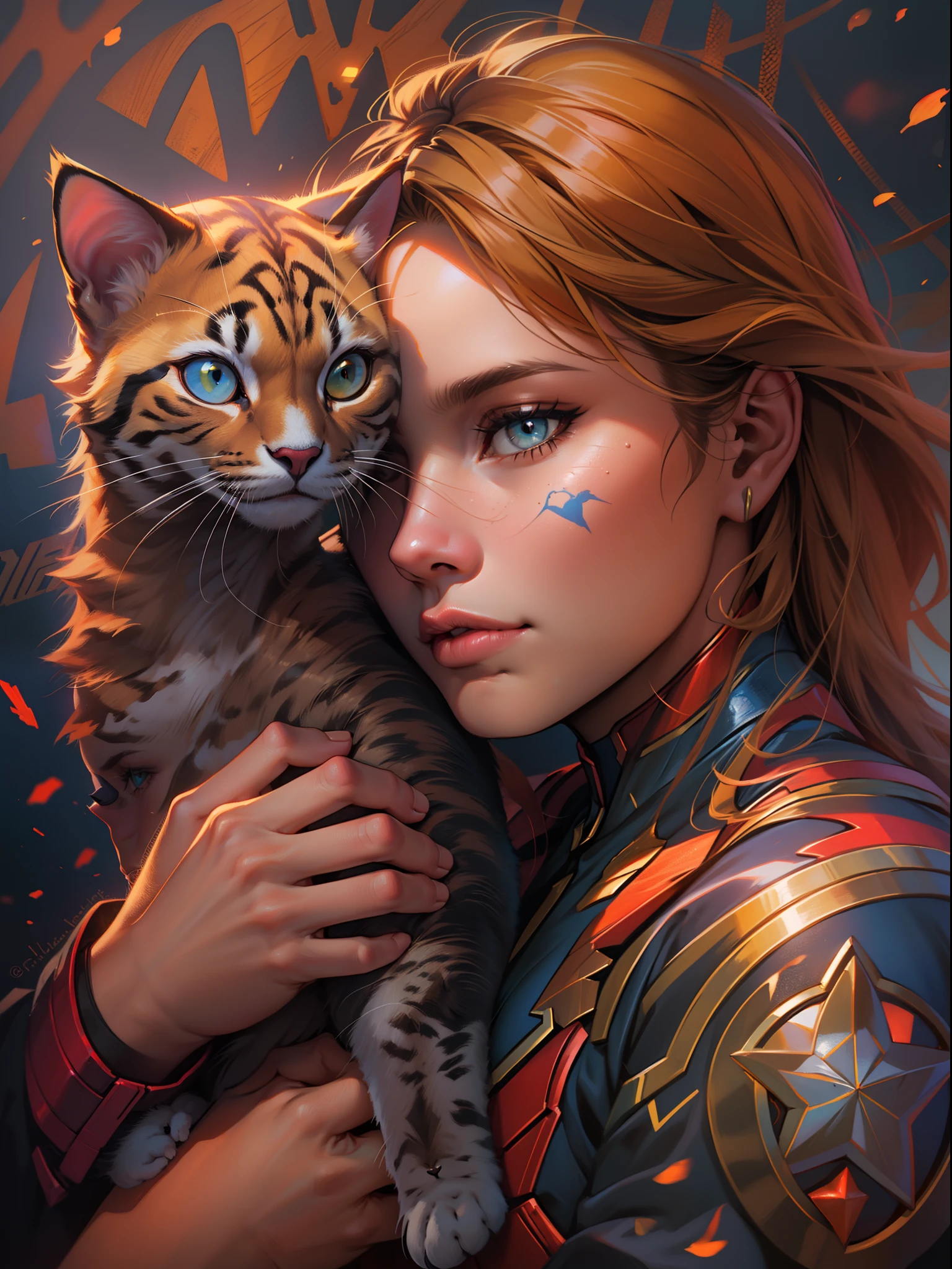 A girl with a marvel goose cat, beautiful detailed eyes and lips, medium: oil painting, detailed colorful, vibrant colors, natural lighting, highres, vivid plumage, Marvel cinematic universe wiki, magical atmosphere, goose style captain marvel's cat