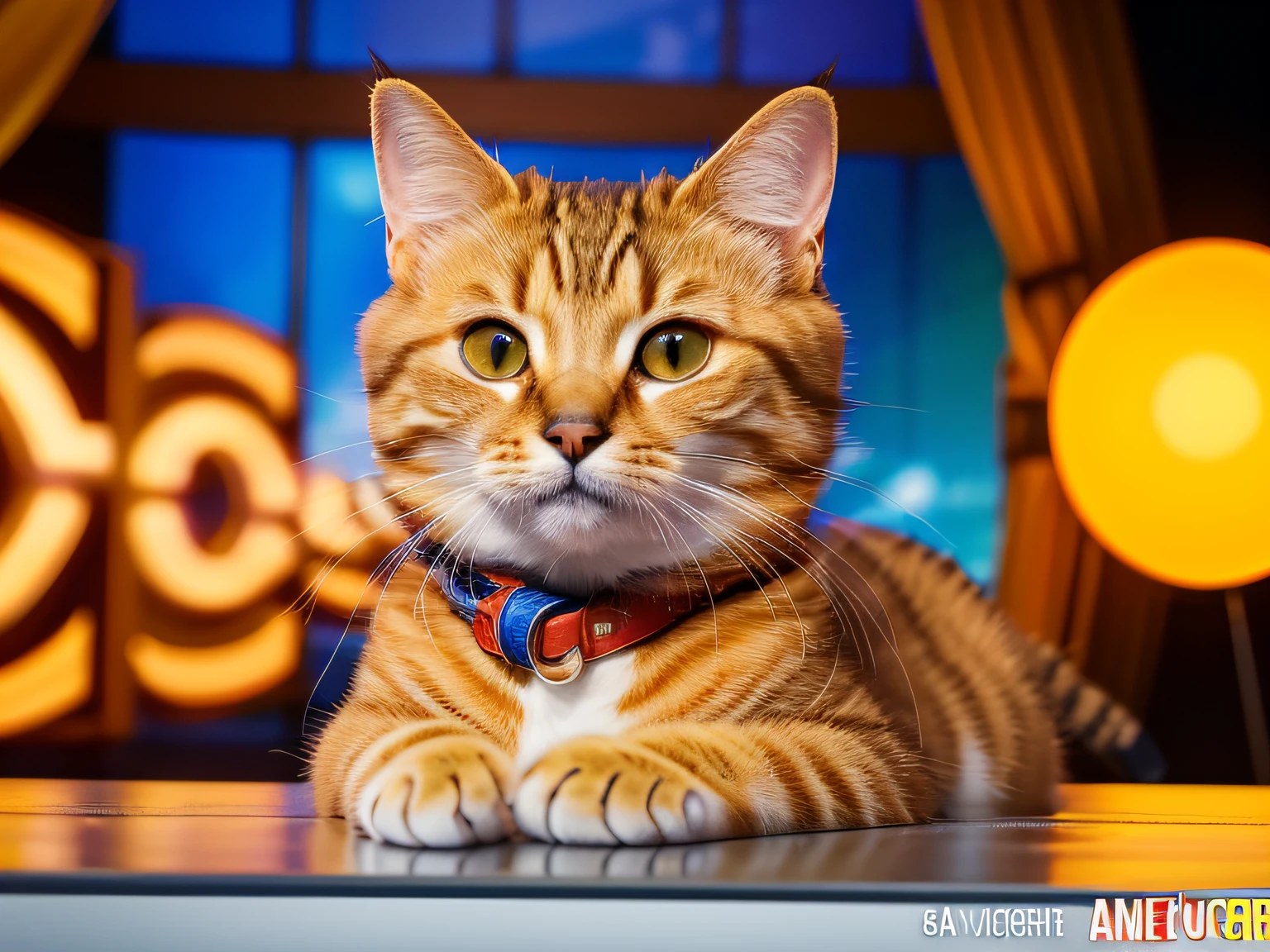 [Goose is a cat character from the movie Captain Marvel, Goose is a yellow and orange tabby cat, Goose is appearing on the show in a luxurious TV studio, (Masterpiece), (Best Quality), (Ultra high Detailes) : black collar with a round metal tag : 19]