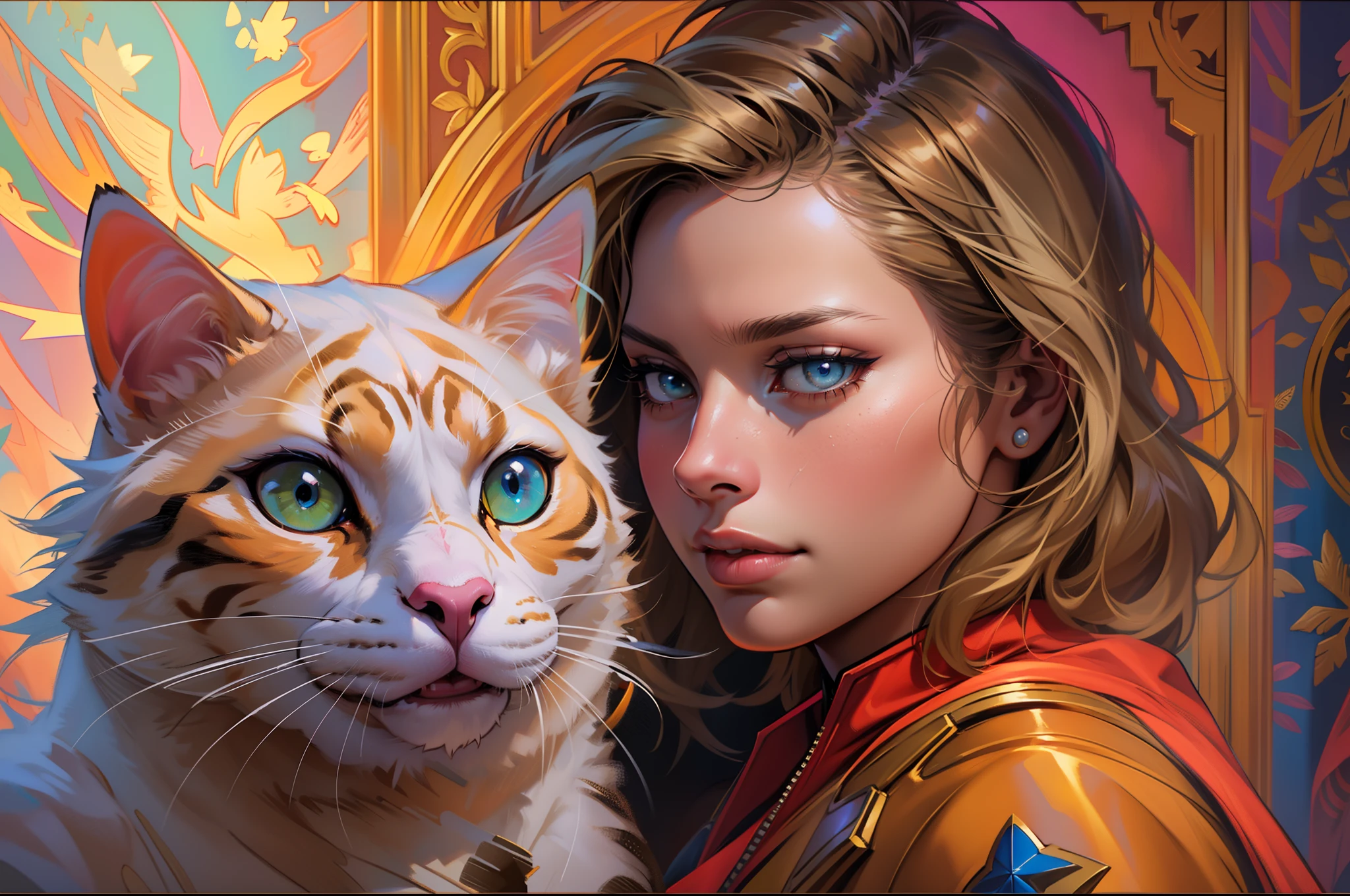 A girl with a marvel goose cat, beautiful detailed eyes and lips, medium: oil painting, detailed colorful, vibrant colors, natural lighting, highres, vivid plumage, Marvel cinematic universe wiki, magical atmosphere, goose style captain marvel's cat