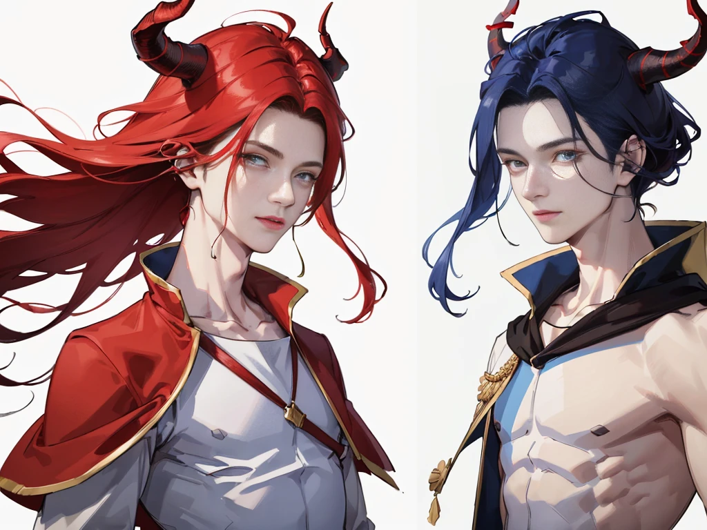 Shen qingqiu(male, pale skin, slender, green foxy eyes, straight black hair) in full red lingerie set, held down by luo binghe(male, curly brown hair in a high ponytail, red glowing  devil eyes with normal pupils, slightly tannish skin, muscular, tall)