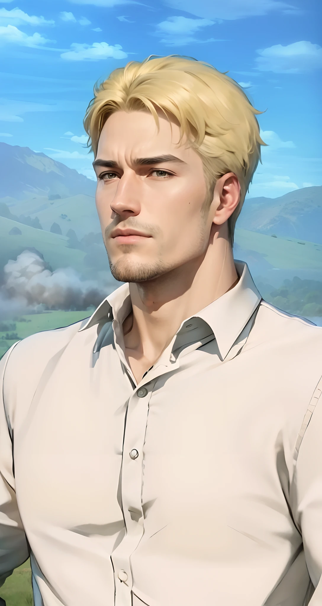 Real life adaption of this character, adult Handsome face, realistic same hair, (realistic same outfit), realistic same background battlefield with black smoke, realistic light, realistic shadow, realism, hyper realistic,(photorealistic:1.2)