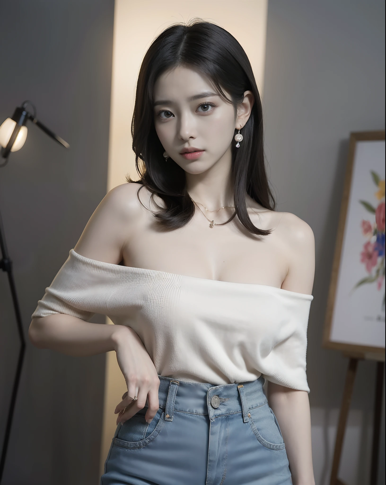 20 year old korean girl, Korean Idol Pop Stars, beautifull face, beautidful eyes, face light(natta:1.1), (Extremely detailed CG unity 8k wallpaper), (Masterpiece), (Best Quality), (Ultra-detailed), (HDR:1.4), Longhaire, off_shoulder, see -through, (side_Slit:0.6), Glamour, bulky_pectorals, viewer's gaze, Full Body Shot, perfect body proportions, perfect hand, perfect fingers, Professional Shading, ((Skinny jeans)), Seductive Face, frontal view, Wit Studio Indirect Lighting, Amazing painting, Best Illustration Performance, Masterpiece, adorable face, pearls, bright, incandescent, White skin, natta_vista_Background with, charming., sunshine, Face to face, blushing, aqua_Earrings, necklaces, glove, Real hands, enhance, DetailPace, DetailEyes,