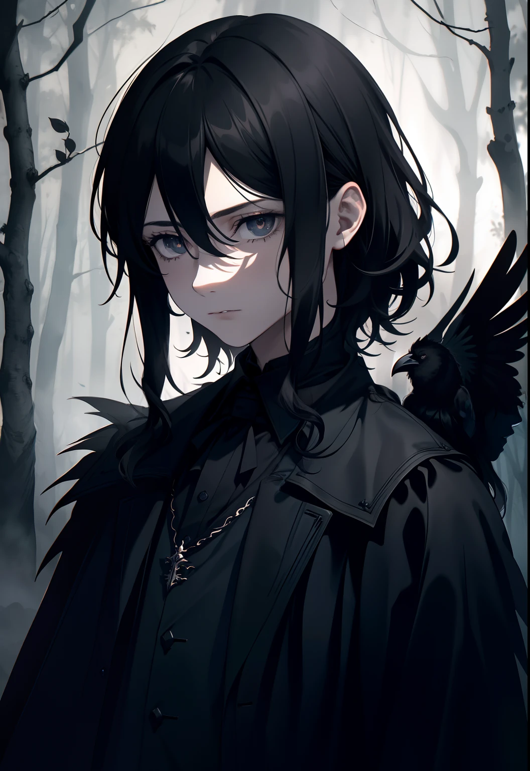 (best quality,4k,8k,highres,masterpiece:1.2),ultra-detailed,(realistic,photorealistic,photo-realistic:1.37),young boy in a dark ambient with a crow,skilled with pencil and paper,detailed pencil sketch,dark and mysterious atmosphere,creepy and eerie vibe,eerie lighting effects,crow perched on his shoulder,unusual companionship,dark and shadowy woods,ominous clouds in the sky,foreboding sense of danger,delicate shading and intricate textures,masterful linework,impeccable craftsmanship,contrast between light and dark,expression of curiosity in the boy's eyes,subtle hints of fantasy elements,ethereal presence of the crow,evocative and haunting composition,impression of a hidden narrative,emotive and thought-provoking,emotionally charged atmosphere,gothic undertones,subtle touches of symbolism,dreamlike quality,tinge of melancholy,alluring and captivating
