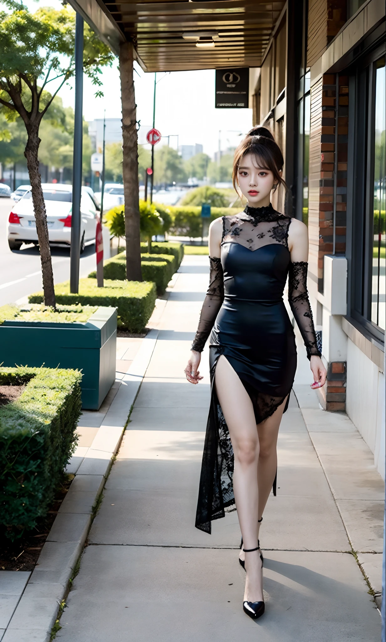 Full body shot of woman in loose black iridescent foil lace dress, Solo, Beautiful detailed eyes, beautifull face, , (Platinum Blue High Ponytail:1.17), ((puffy eyes)), makeups, looking at away, walking, (exteriors, park), silky, detailed hairstyle