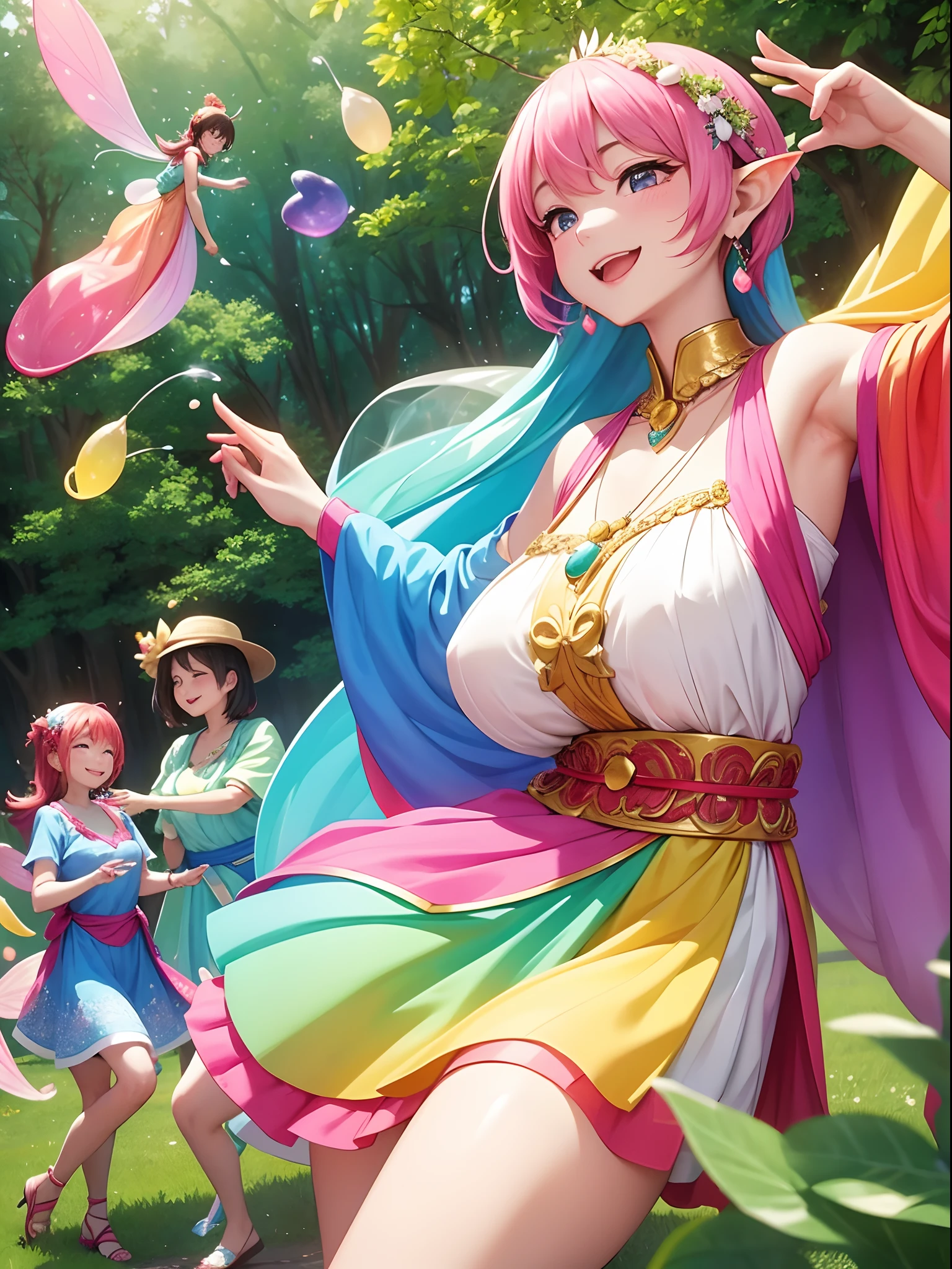 Colorful dresses,Mature woman,A large gathering of jelly bean fairies、A lot、Gather a lot、Revelry、dance,kindly smile,huge chest,
