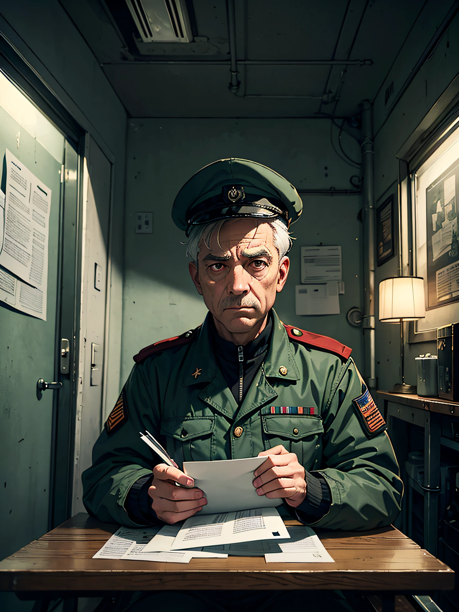 Masterpiece, grey hair, gloomy middle aged man, blank look, empty look, dystopian world, sits, writes a letter, military cap, pale blue military uniform, brown eyes, closed clothing, gloomy military table in the cabin, many undelivered unopened old paper letters, dystopic art in pale green iron lights, dim white lights, dystopian post-war cyberpunk
