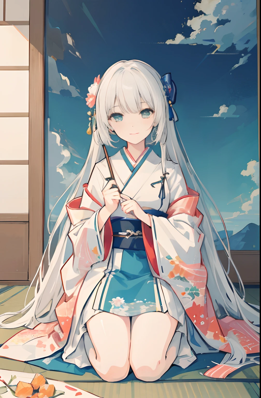 ((masterpiece)), ((top-quality)), (The Amazing Dessinger), (best artist), (Best illustrated landscapes), (best performance), (4K Full HD), (nffsw+), (1girl in)), (astonishing)Landscapes painted in artistic and cinematic tones - Mayna Pastel Style - V5(anime illustrated)、A slight smil、Skewered Oden、🍢、Hold three skewers of oden in your hand、Cross your arms、Doya face、Fine face、facing the front there、Vtuber、(white backgrounid:1.0)、Illustration on one knee、Look up、high-angle、Fashionable clothes、long、Fashionable kimono、White Japanese Clothing、