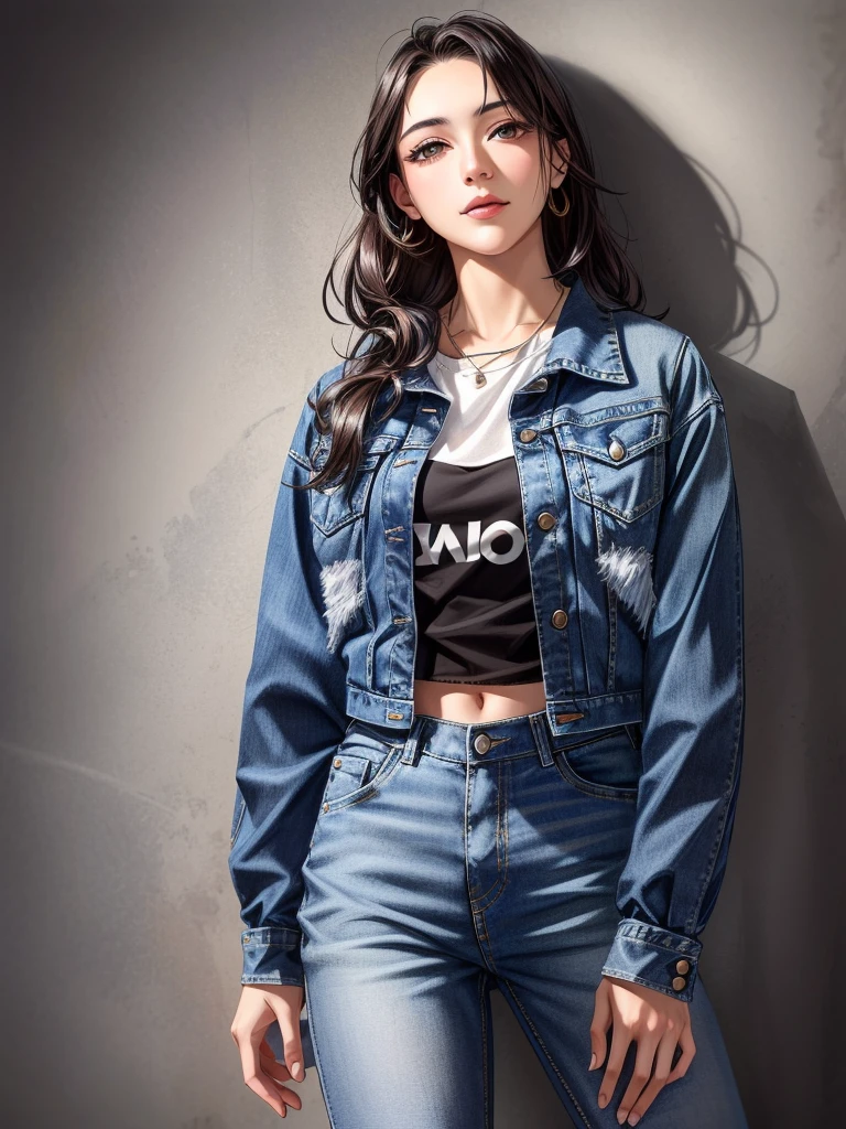 Close-up portrait of a woman in a cropped denim jacket, cropped shirt(With Jacket), wearing a jeans jackets, jean jacket, Denim jacket, Blue jacket, Trendy clothes, Wearing denim, Casual clothing, Short jacket, dressed casually, double denim, wearing a cropped tops, modern casual clothing, jeans, Wearing a shirt and jeans, cute casual streetwear