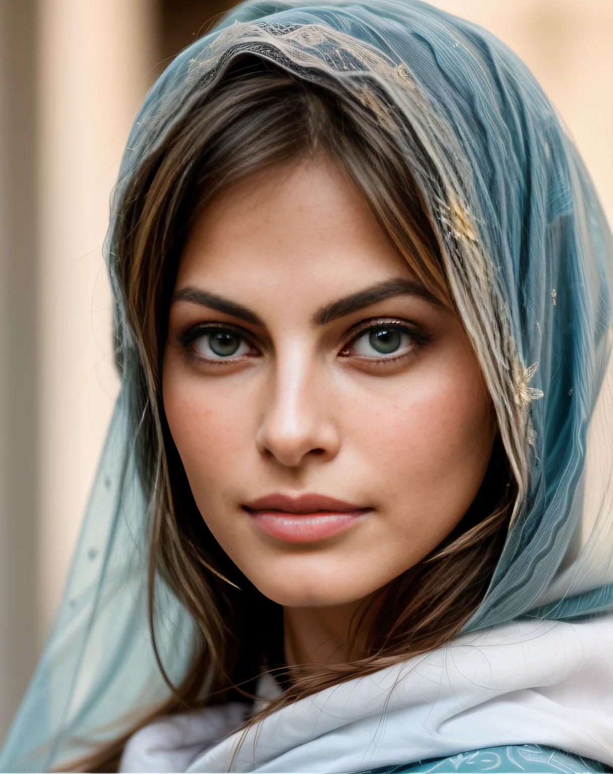 eine Nahaufnahme einer Frau (Eva Mendes) mit einem bunten Schal, Beautiful eyes and face, gorgeous woman, Exotische Augen, extremely beautiful face, very nice portrait, Perfektes Gesicht und perfekte Augen, very beautiful woman, extraordinarily beautiful eyes, Haut aus dem Nahen Osten, ultra beautiful face, Wunderbare Augen, Very beautiful face, Atemberaubende Augen, Indian girl with brown skin, Unbelievably beautiful portrait