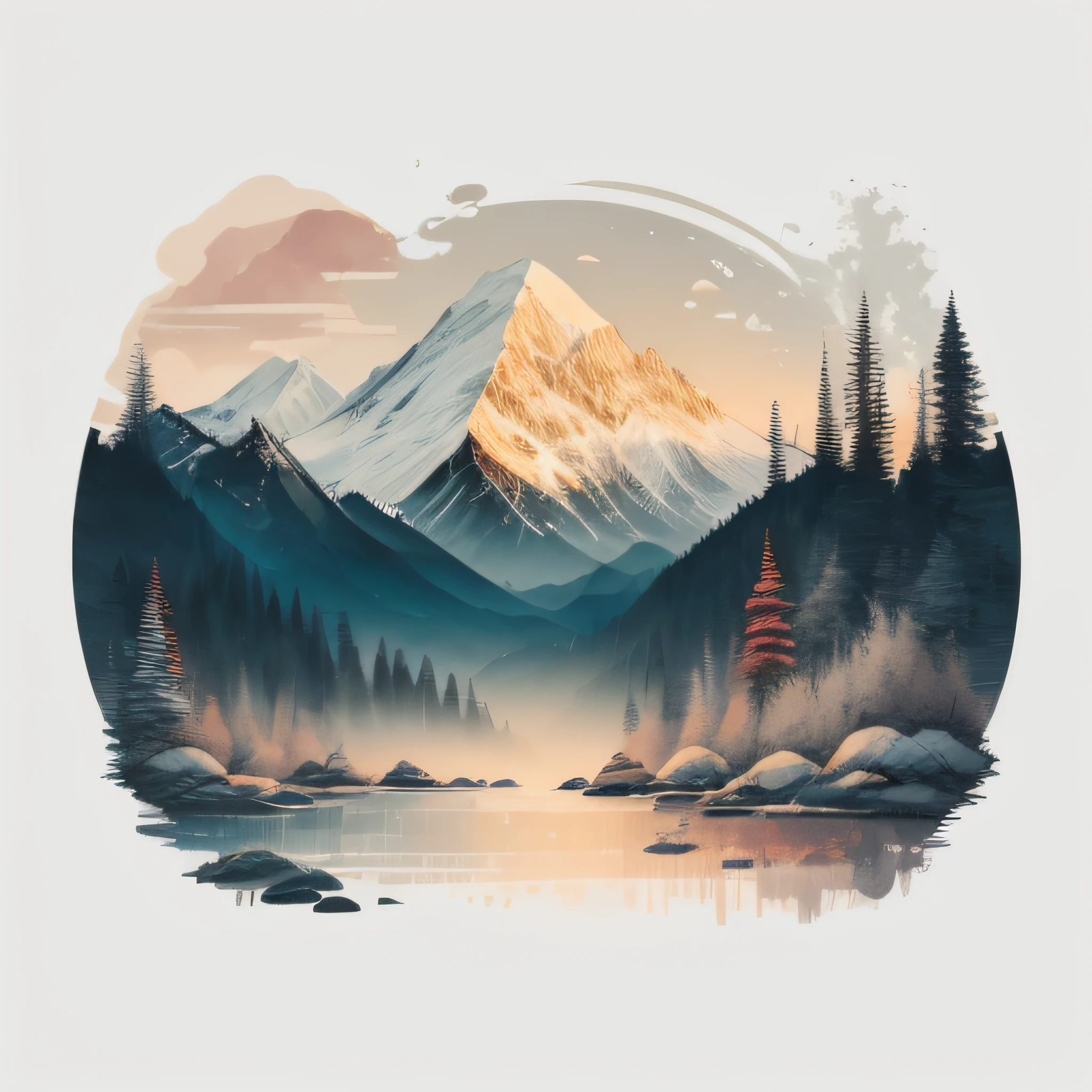 white background, landscape, paint, mountains with snow, water, lake , pine trees, t-shirt design, vector art