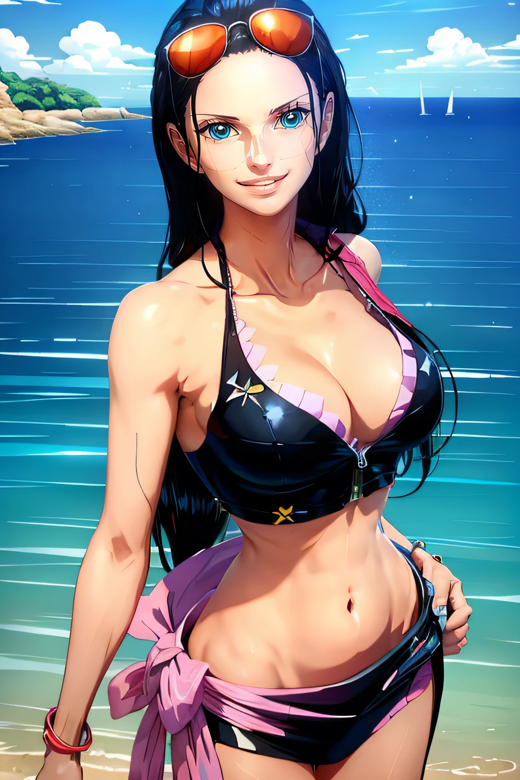 (masterpiece, best quality:1.4), (standing:1.4), (dynamic pose:1.2), (at beach), EdobNicoRobin, black hair, long hair, solo, medium breasts, (smile), sunglasses, blue eyes, eyewear on head, cleavage, closed mouth, hair slicked back, jewelry, collarbone, (swimsuit, crop top, cloth around waist) 1girl, solo, (european youth woman:1), looking at viewer, beautifull smile, beautiful face, highly detailed face, highly detailed eyes, subsurface scattering, realistic pupils, full face blush, full lips, detailed background, depth of field, volumetric lighting, sharp focus, absurdres, realistic proportions, (realistic, hyperrealistic:1.4), 16k hdr