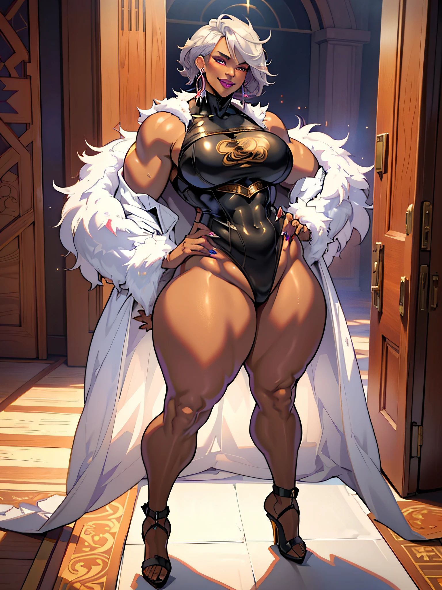 Elaborate CG artwork, (best qualtiy, exquisite detailing, absolute masterpiece), (Head to Toe Image)), ((Full body image)),((posterior view)),(opening legs),(plus size model)),((White short cape with fur,Wearing sexy BDSM gear)), (((mahogany colored dark skin))),(((Light silver hair))), ((shorth hair,Graduation Bob)),(独奏,Beautiful with mahogany black skin、White short cape with fur,Wearing sexy BDSM gear),Detailed beautiful mature face, very detailed beautiful face and eyes, (detailed seductive and sharp eyes), (plump shiny purple lips)), (Purple Eye Shadow), blush, (sadistic seductive smile), (Curvaceous), ( unbelievably huge curvaceous hips), (very huge sensual ass), (ridiculously massive thick thighs), (glittery skin), (wet oily skin), Fingernail Art, Jewelry, Bracelet, hoop earrings