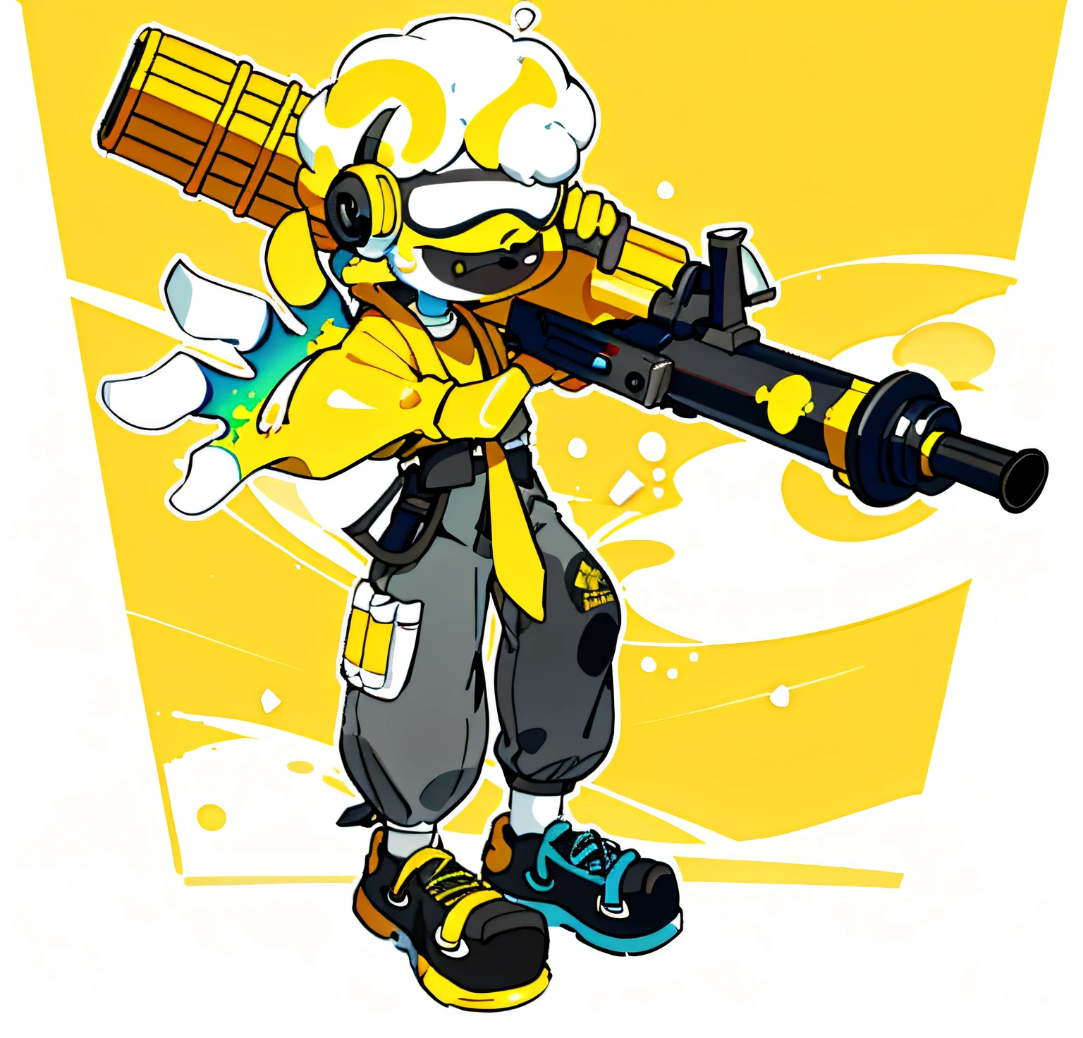 Cartoon of a boy holding binoculars and a backpack, Bright yellow is the dominant color,amarelo, Red,heavy lineart, sf 5 ink style, sf5 ink style, clean anime outlines, clean lineart, Simple lines of art, Line art!!, with splatoon style, thick lineart, thick black lineart, heavy outline, Pistols and bazookas, Take a rocket launcher, thick outline