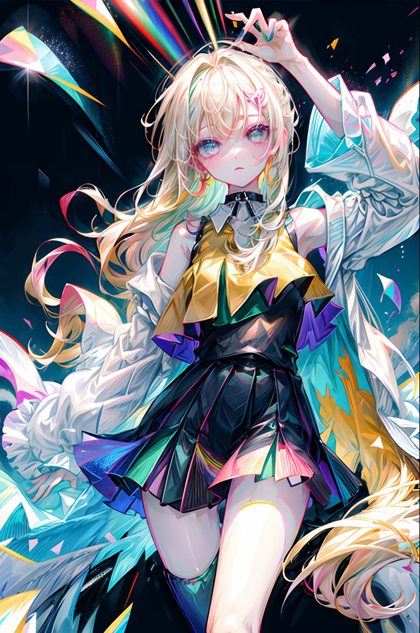 Rainbow on background、Irridescent color、colourfull、top-quality、超A high resolution、(Photorealsitic:1.4)、Female 1 Person、Sleeveless white buttoned shirt、Black skirt、Black Choker、cute little、(Kpop Idle)、(attractiveness:1)、(Platinum Blonde Hair:1)、((Puffy eyes))、Look at the viewer、full body Esbian、Facing the front