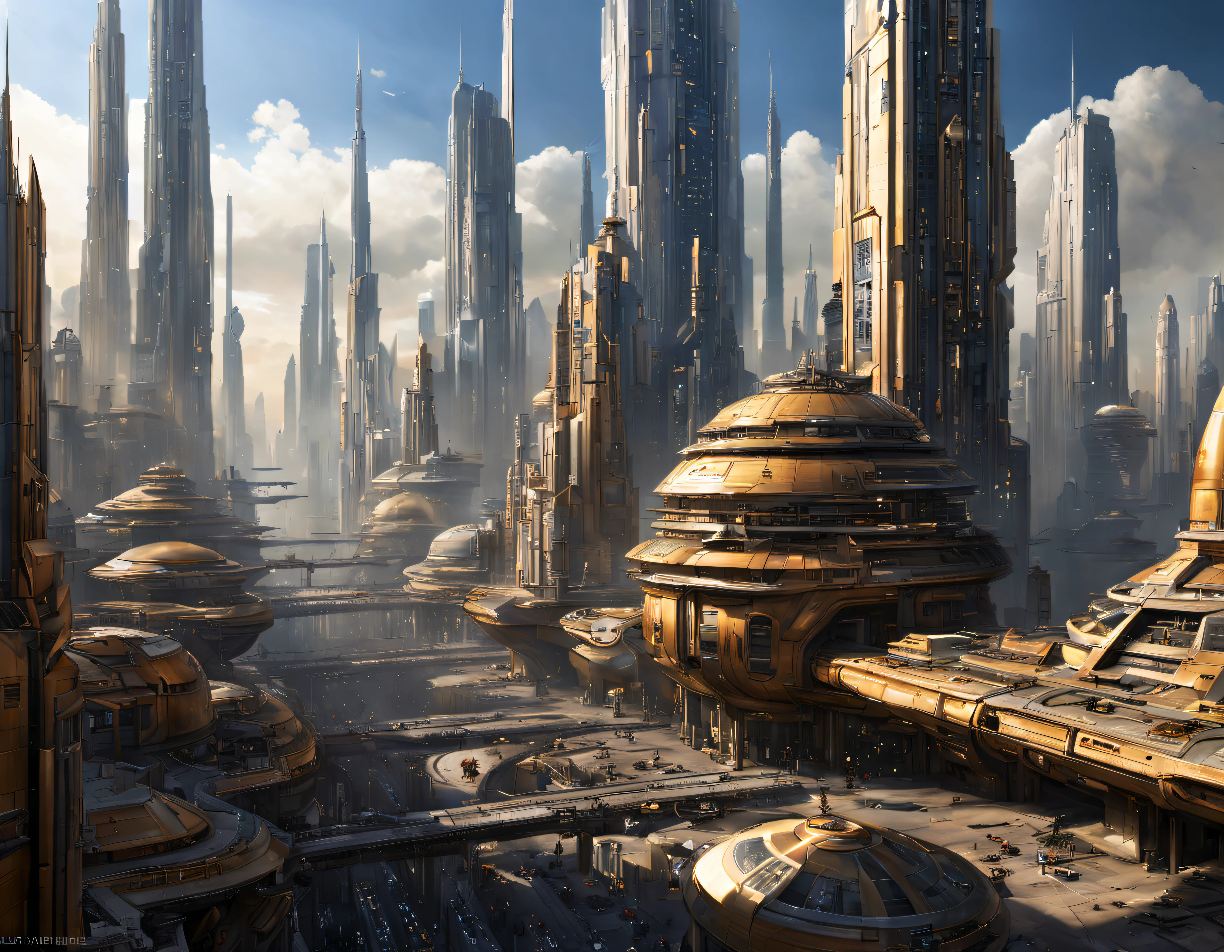 The city of Coruscant from Star Wars as designed by Doug Chiang, futuristic fantasy city with immense buildings of technological design (que forman una avenida infinita), edificios compactor no difuminados, con estructuras acristaladas en plata, oro y bronce espectaculares, (con colores vivos). pavimento ensolado (sin brillo). gente paseando. imagen bien definida con muchos edificios juntos. imagen nitida bien definida 8k. los edificios llegan alta el fondo.,8k. imagen cinematografica. iluminacion hora dorada. calidad superior.
