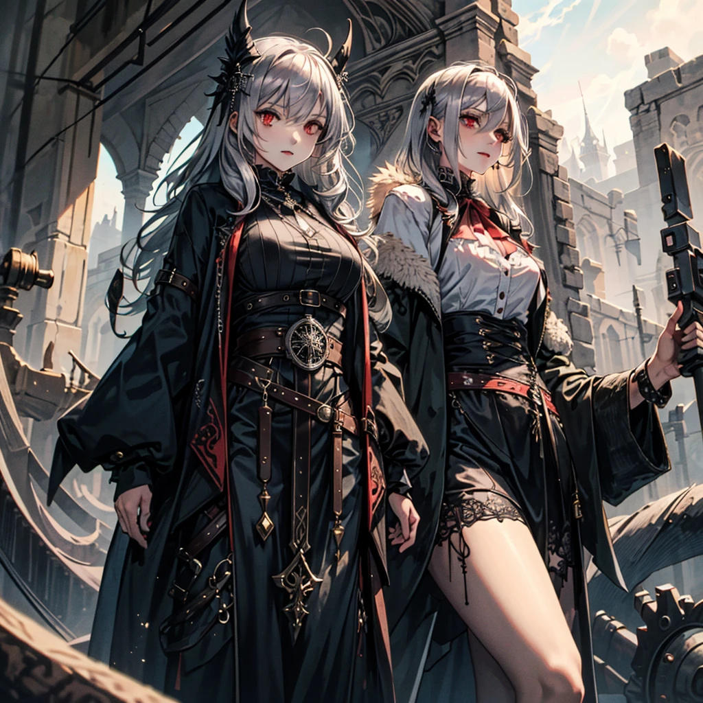 Waist-length silver hair,red eyes,A girl with modest breasts dressed in a goth-style vibe,Shinigamikaze,Ephemeral,