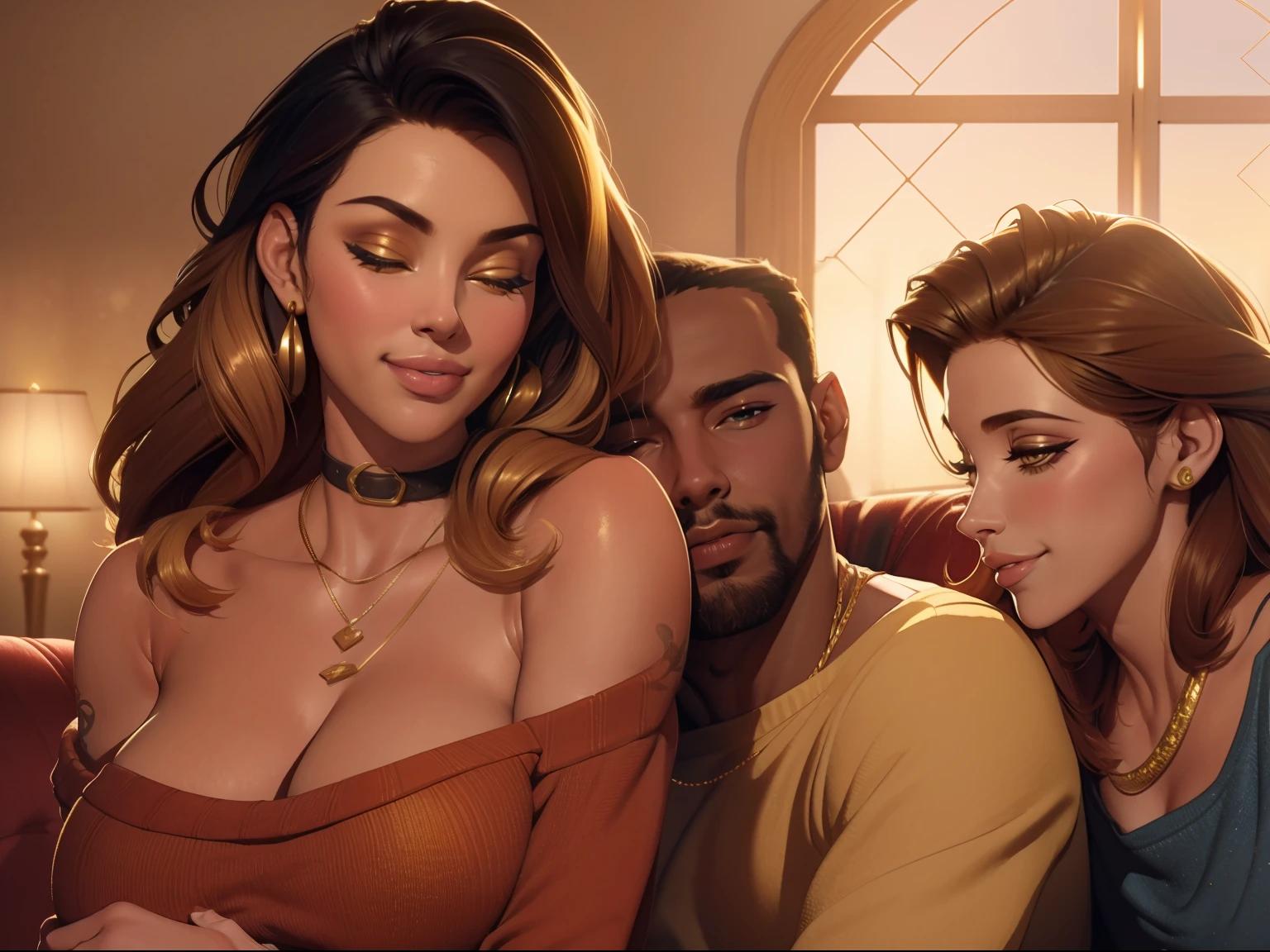 One Handsome Chad hugging three beautiful bitches passionately-tackling him and touching him,  dressed in Christmas-colored sweaters and buttoned-shirts and skirts and jeans, perfect sexy bodies, racially diverse skin tones, women: beautifully-textured long flowing wavy hair, women: clothes revealing cleavage shoulder midriff collar bone, seductive, materials, golden hour, , jewelry, golden hour, photorealistic, masterpiece, in love, grins, perfect faces, Flirtatious, setting: a living room sofa, Christmas decorations, harem, watercolor, cinematic 8k professional photograph with raytracing and subsurface scattering and backlighting, tattoos