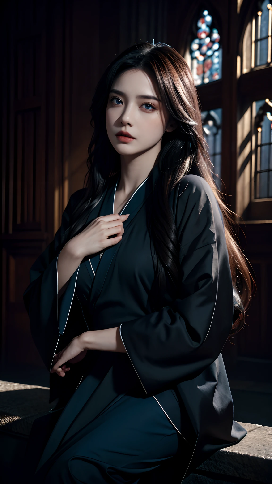 only 1woman, hand on face pose, top quality, long hair, gothic architecture, attractive pose, detailed eyes, Realistic, blue kimono, dramatic light, eye highlights, dark, deep shadows, origen, freedom, high res, photorealistic