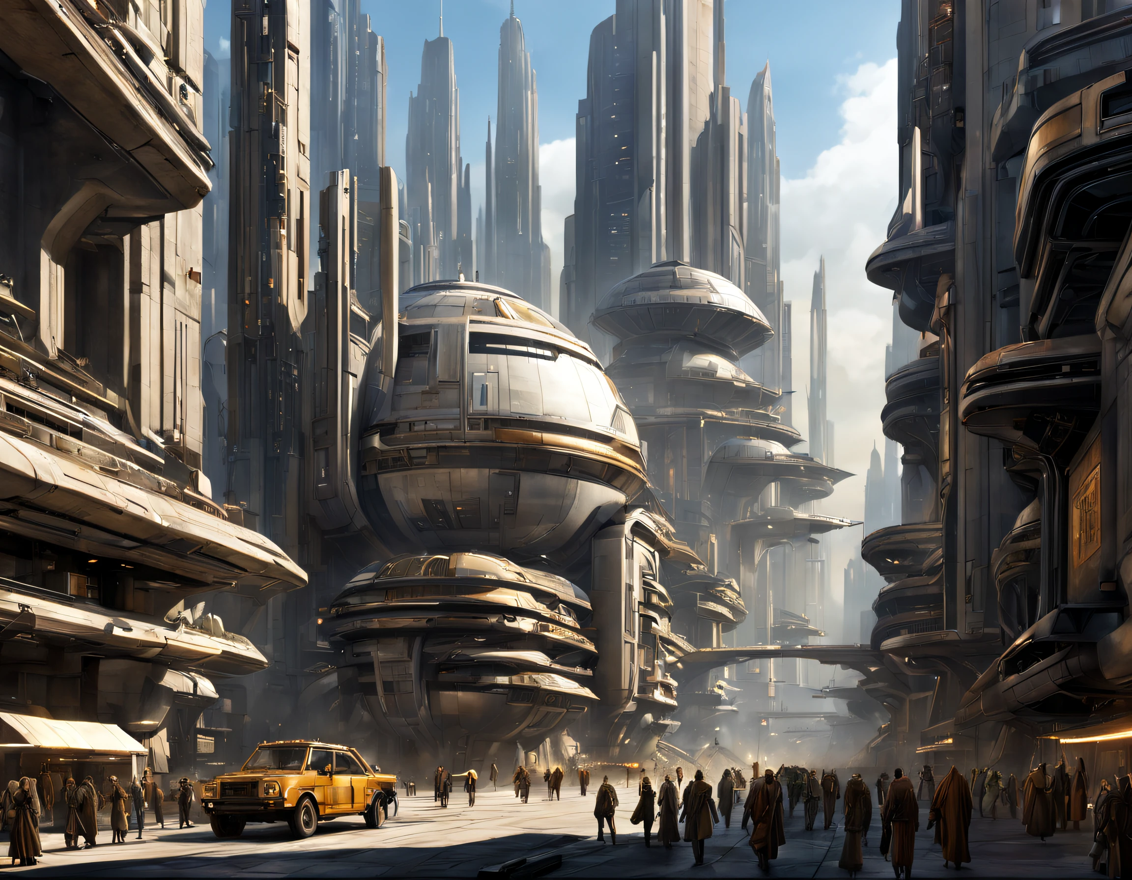 The city of Coruscant from Star Wars as designed by Doug Chiang, futuristic fantasy city with immense buildings of technological design (que forman una avenida infinita), edificios compactor no difuminados, con estructuras acristaladas en plata, oro y bronce espectaculares, (con colores vivos). pavimento ensolado (sin brillo). gente paseando. imagen bien definida con muchos edificios juntos. imagen nitida bien definida 8k. los edificios llegan alta el fondo.,8k. imagen cinematografica. iluminacion hora dorada. calidad superior.