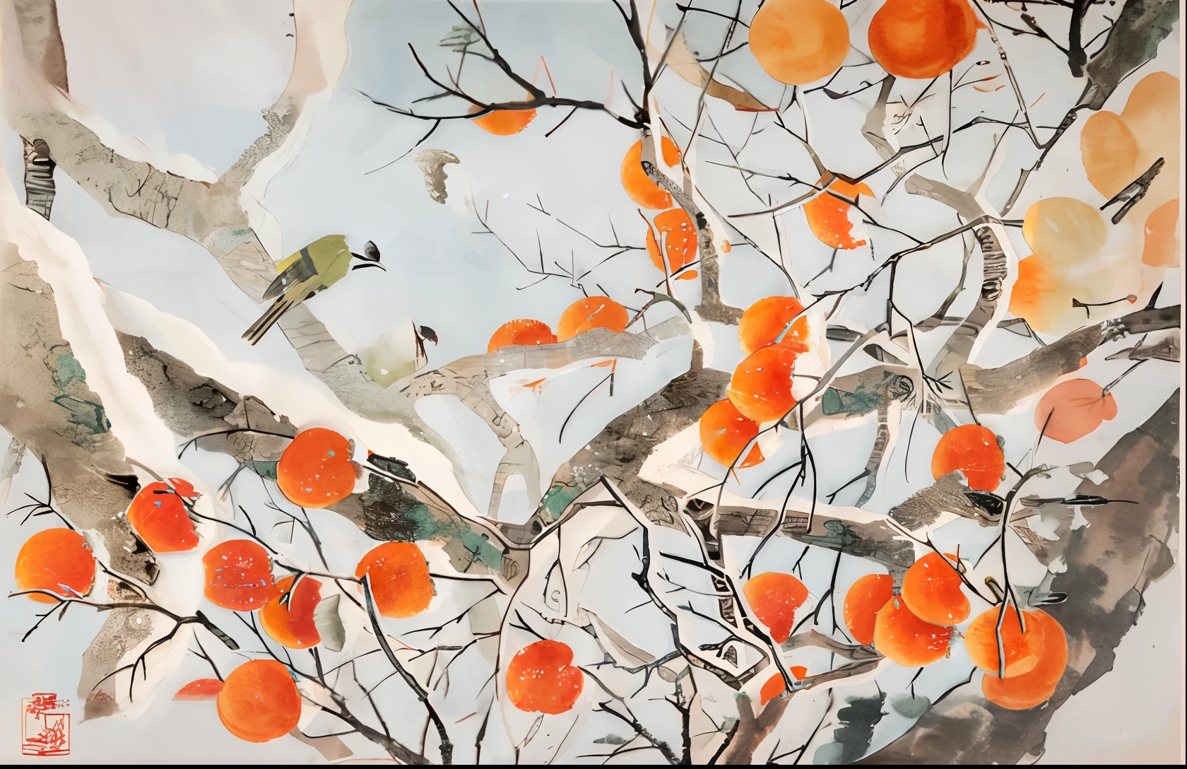 there is a painting of a bird sitting on a tree with oranges, traditional chinese painting, qi sheng luo, traditional chinese art, chinese painting, by Shao Mi, chinese style painting, inspired by Wang Yuanqi, chinese painting style, by Wang Shimin, xiaoguang sun, by Zhang Shuqi, by Li Di, by Li Keran