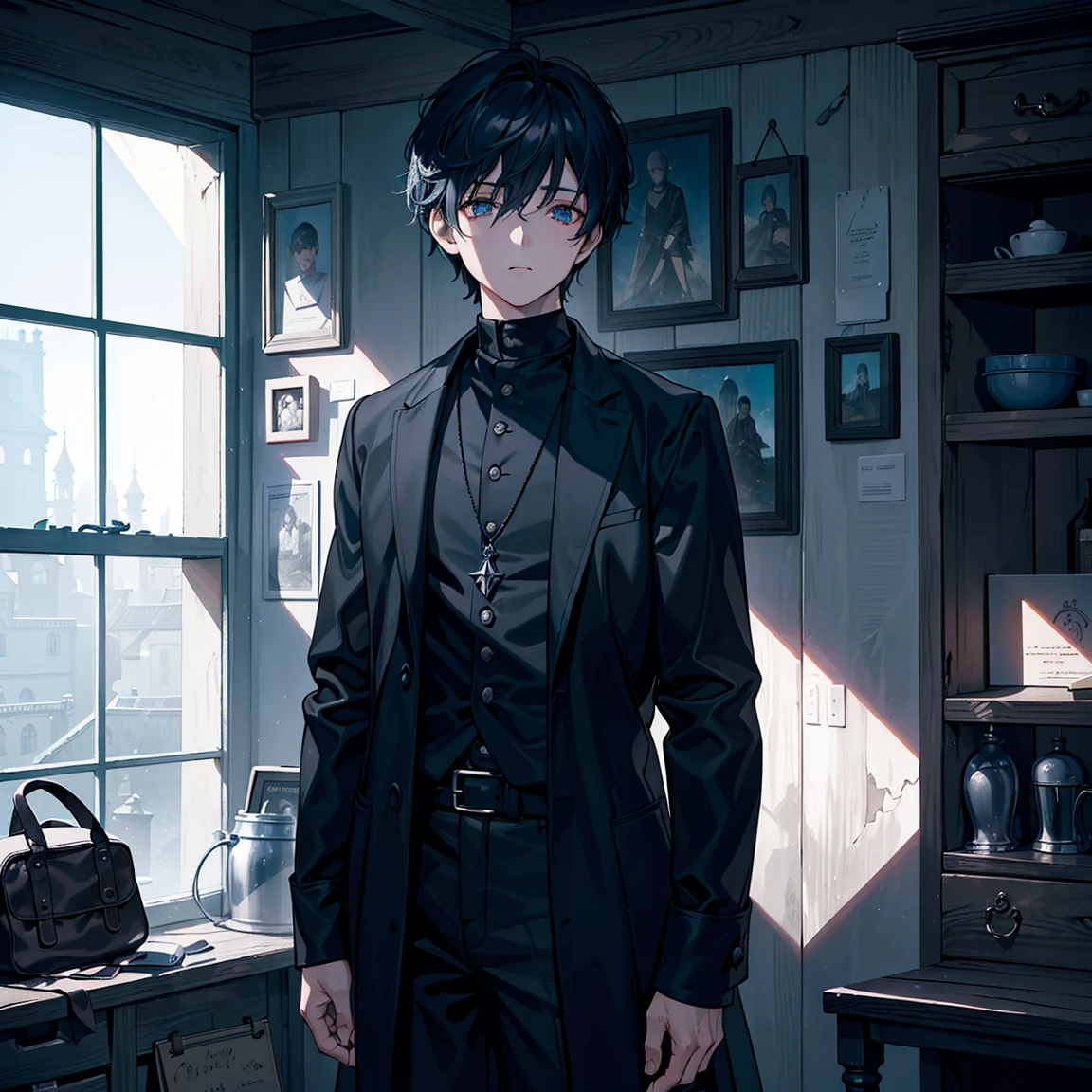 (A high resolution, Ultra-detailed, Realistic:1.37), Little boy with dark blue hair, Emotional edges,The eye, Wear shabby clothes，. The boy stands in a dark and mysterious background, Set against the backdrop of old and rustic architecture. His clothes were tattered, Add a rugged and durable aesthetic. The lights are dim and dim, Cast an eerie shadow over the boy and his surroundings. The color palette is made up of deep and rich shades of blue,  Nero, and gray, Enhance the dark and medieval atmosphere.