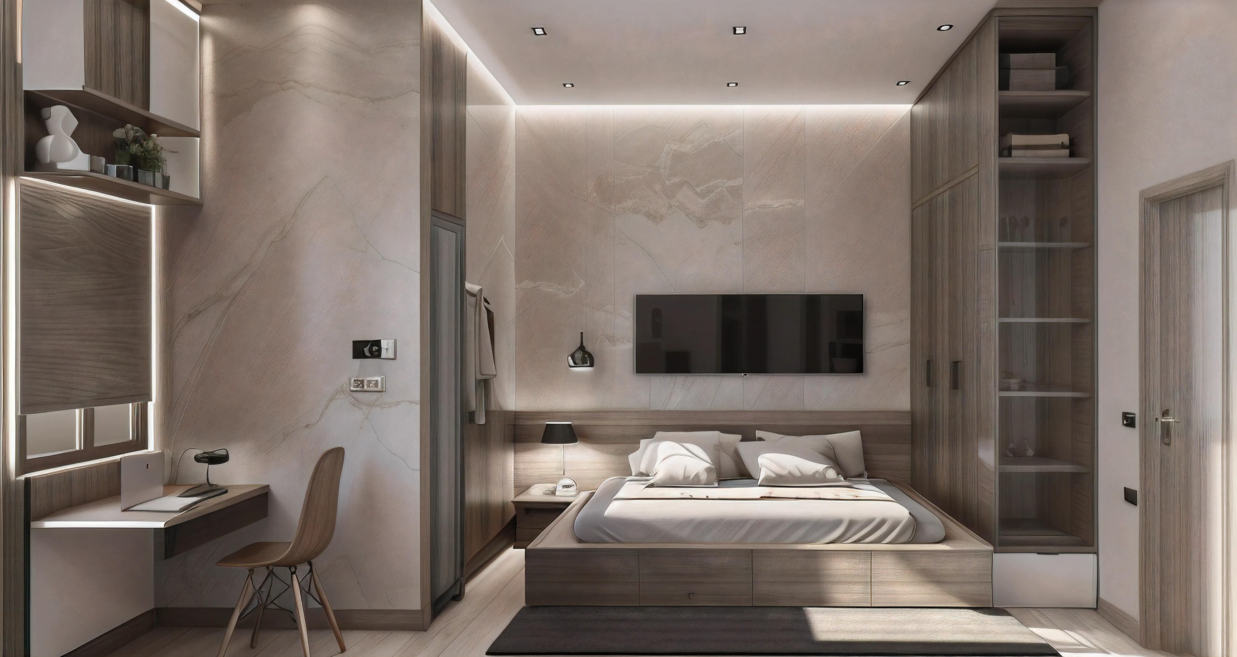 ((Best quality, 8k, Masterpiece :1.3)), Sharp focus :1.2, (photo realisstic: 1.2), (hyperdetails: 1.2), sunset, bedroom, white wall , dynamic (RAW photo, best quality, masterpiece:1.2), detailed, (hyper realistic, photo-realistic:1.2), high quality, (dark lighting:1.2), perfect lighting, archdaily, floor wood dark, window, 1 chair and table, cabinet, wardrobe combined with bed, lamp,white color wall, curtain wood white, frame paint on the wall, 3d max render