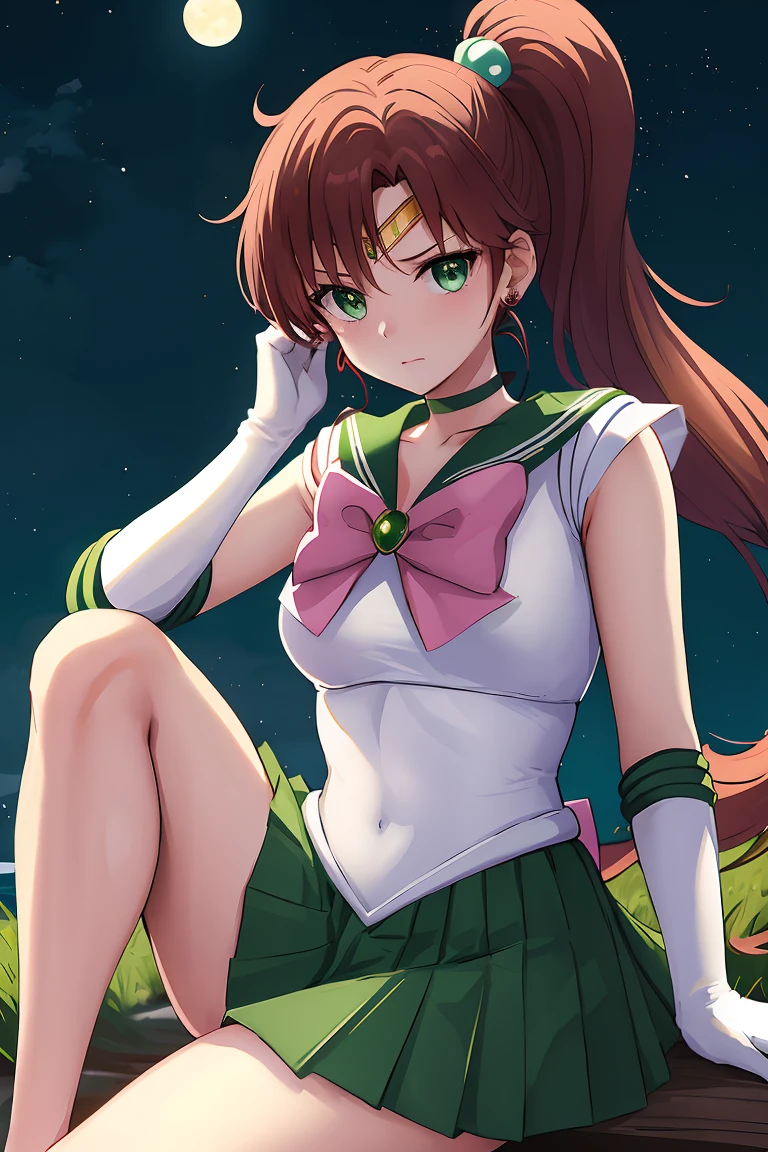 masterpiece, best quality, highres, hmjupiter, green eyes, ponytail, tiara, jewelry, sailor senshi uniform, green sailor collar, choker, elbow gloves, white gloves, pink bow, brooch, leotard, green skirt, cowboy shot, standing, night, moon,sitting,wariza,embarrassed