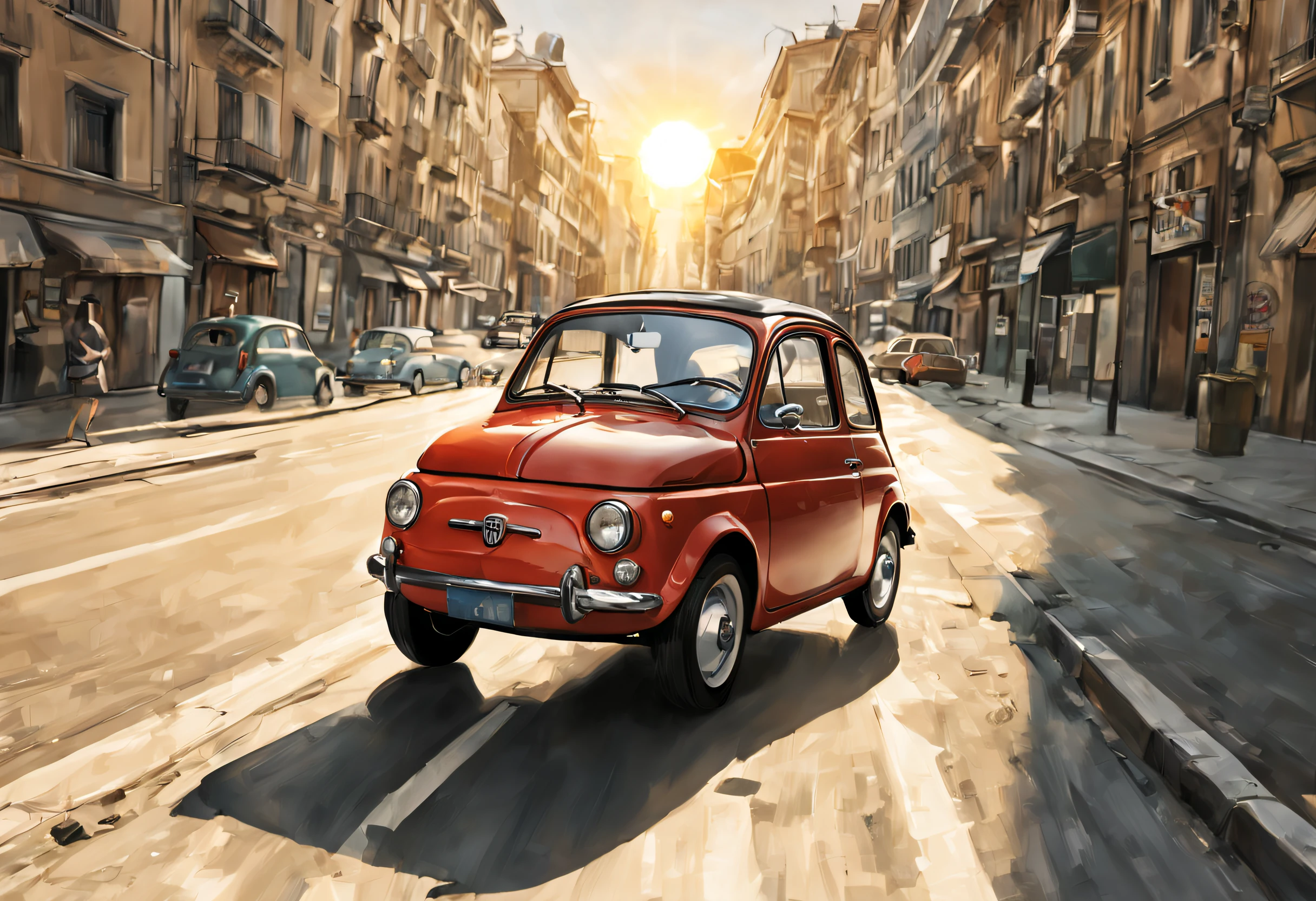 Fiat 500 1965, driving in a city, with sun,manga style drawing realistic, distant view