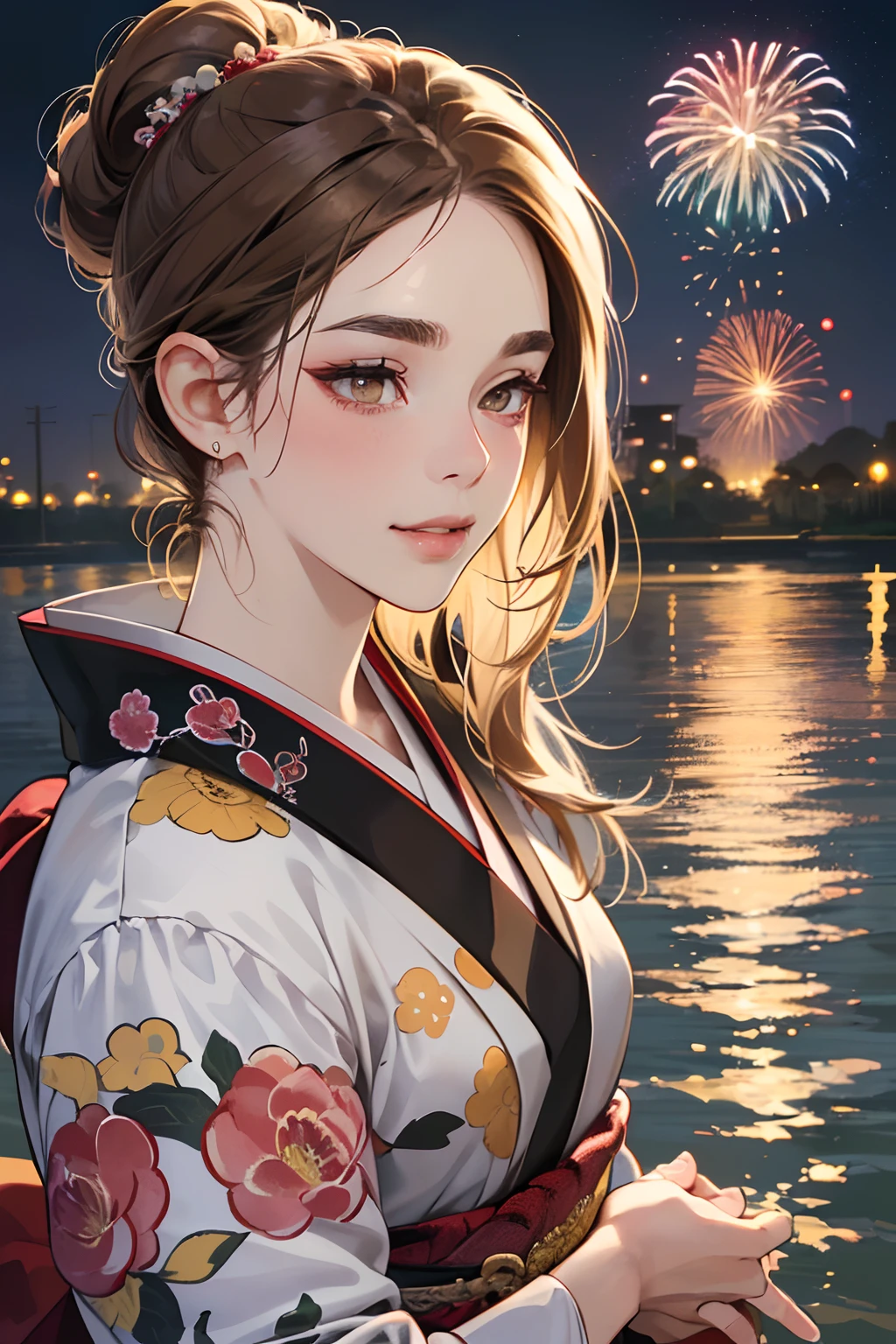 (masutepiece, Digital Art, Digital Illustration, 4K, 8K, Ultra-detailed, beautiful image, Sharp Image, Photorealistic, Raw photo, Perfect face, Perfect lines, Perfect eyes, Soft lighting) 1 woman, (lightbrown hair,Chignon hair in a high position,Innocent look,Lowered eyebrows,drooping eyebrows,drooing eyes,cute large eyes,natural make up,kindly smile,Round jaws,23 y-o woman:1.3),Two handsome men in suits, (ember,Men in suits,well-muscled,Firm shoulder width,Adult male,Boyish hairstyle,English gentlemanly style,Man in his 30s with a cool expression,28-year-old man with bright smile:1.2),(Nervous,be shy,sleepy,embarrassed from:1.2),innocent smiles,(embarrassed from,Shy smile:1.1),River,On the banks of the river,Fireworks Festival,Japan Traditional Night Kimono,Kimono with red peony pattern isolated on white background、Floral hair ornament,(Hand in hand,Kissing:1.5),silhuette