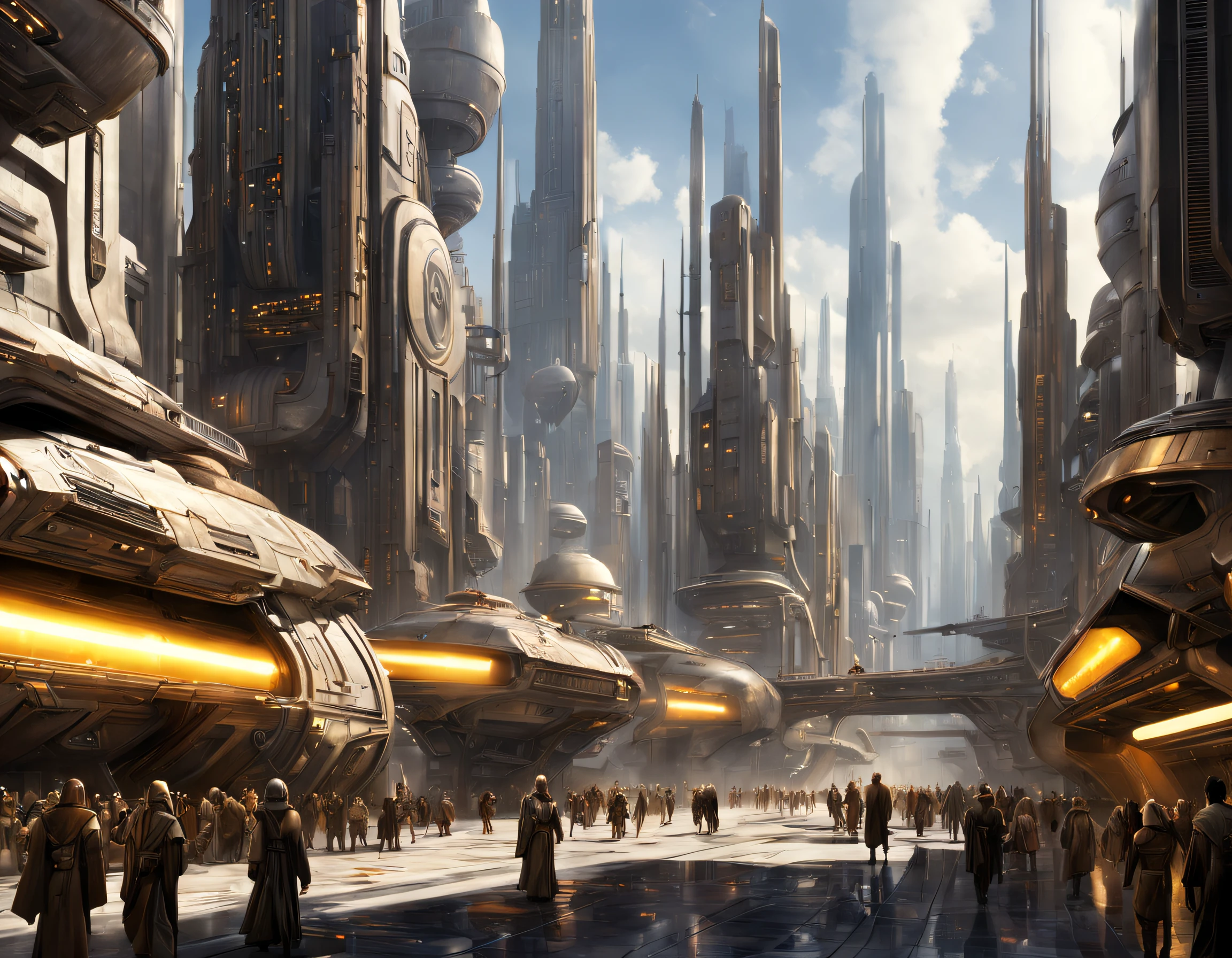 The city of Coruscant from Star Wars as designed by Doug Chiang, futuristic fantasy city with immense buildings of technological design (que forman una avenida infinita), edificios compactor no difuminados, con estructuras acristaladas en plata, oro y bronce espectaculares, (con colores vivos). pavimento ensolado (sin brillo). gente paseando. imagen bien definida con muchos edificios juntos. imagen nitida bien definida 8k. los edificios llegan alta el fondo.,8k. imagen cinematografica. iluminacion hora dorada. calidad superior.