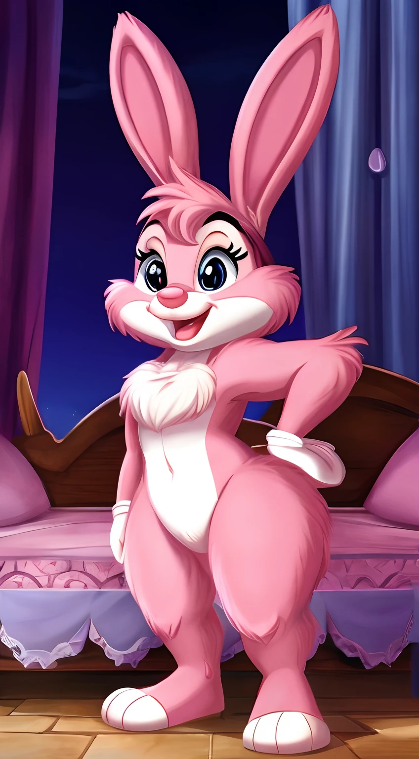 Rabbit is a full-length cartoon girl slim skinny in a crimson tight lycra swimsuit on the beach with a happy face, big feet, bows on the ears