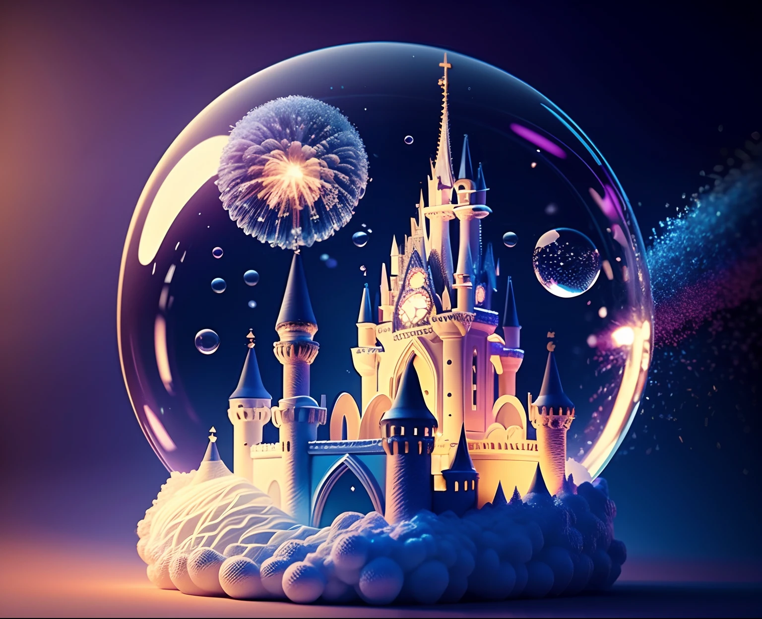 Bubble Realm Art、Cinderella's castle glows at night、Fireworks are going off、Ultra-high resolution、16k、Ultra-transparent