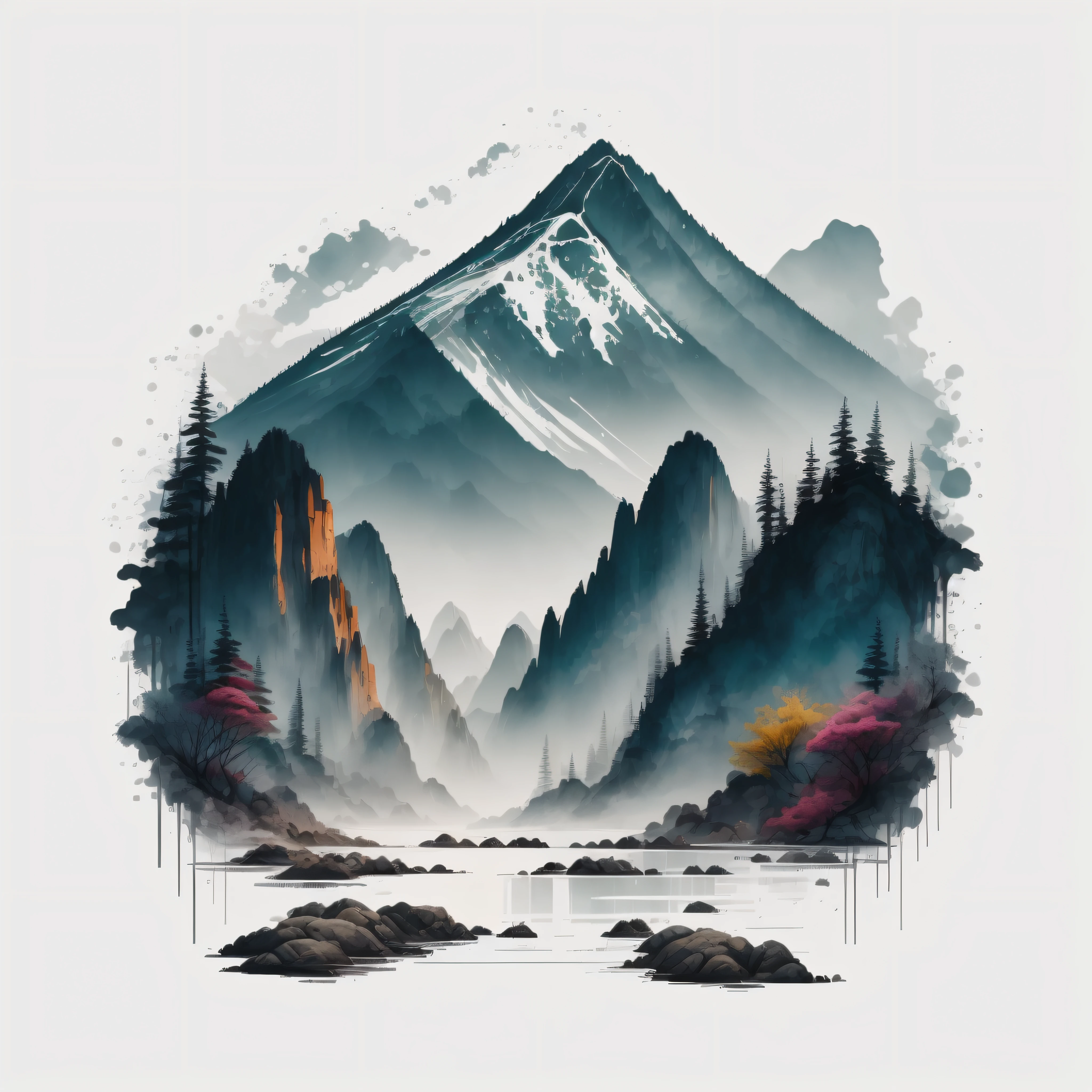 white background, landscape, paint, mountains, water, trees, t-shirt design, vector art