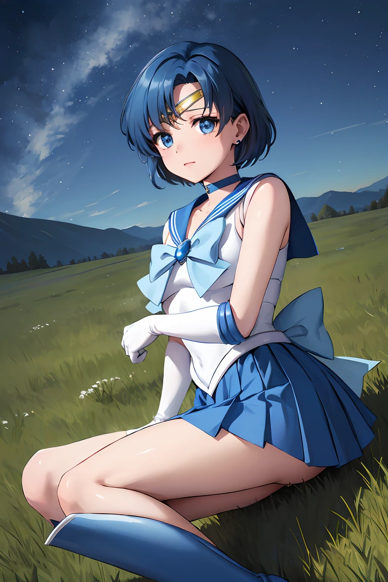 masterpiece, best quality, highres, mer1, tiara, sailor senshi uniform, blue skirt, blue sailor collar, tiara, bow, knee boots, choker, white gloves, blue choker, elbow gloves, jewelry, earrings, pleated skirt, night, grass, cowboy shot,