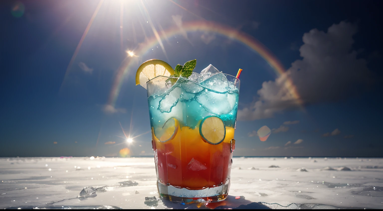 rainbow color mocktail, Fresh Ice, Fantasy, Extreme photography angles look the best, Anime.