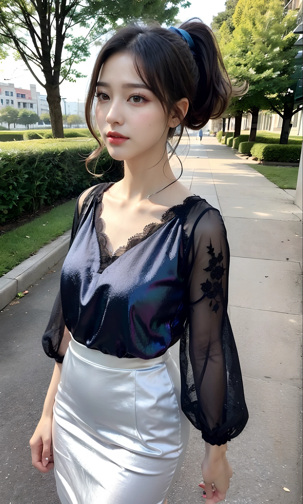 Full body shot of woman in loose black iridescent foil lace dress, Solo, Beautiful detailed eyes, beautifull face, , (Platinum Blue High Ponytail:1.17), ((puffy eyes)), makeups, looking at away, walking, (exteriors, park), silky, detailed hairstyle