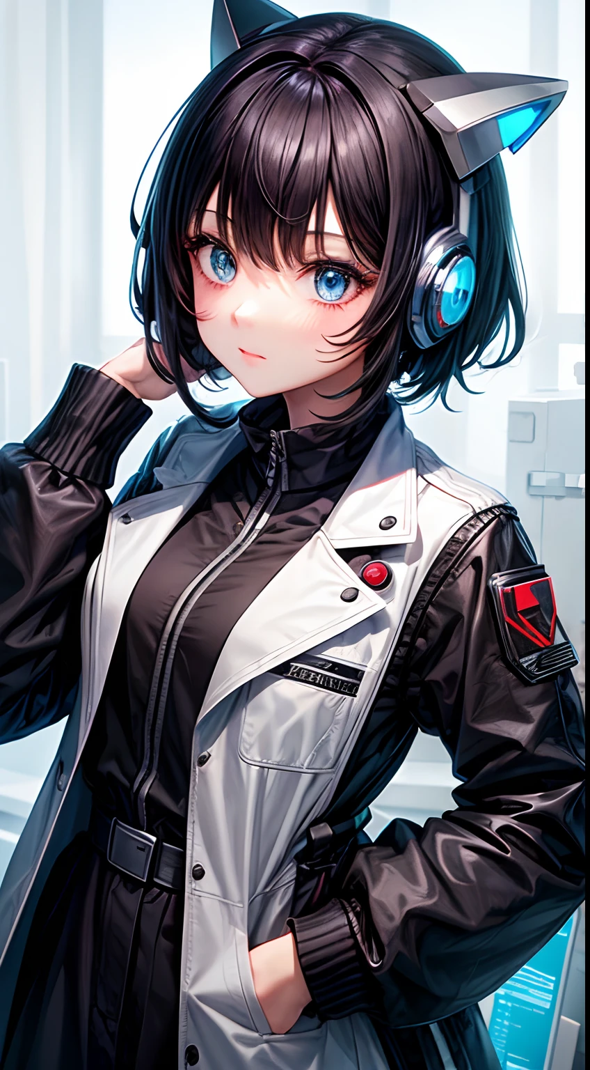 Half-robot girl with black hair and scientist coat