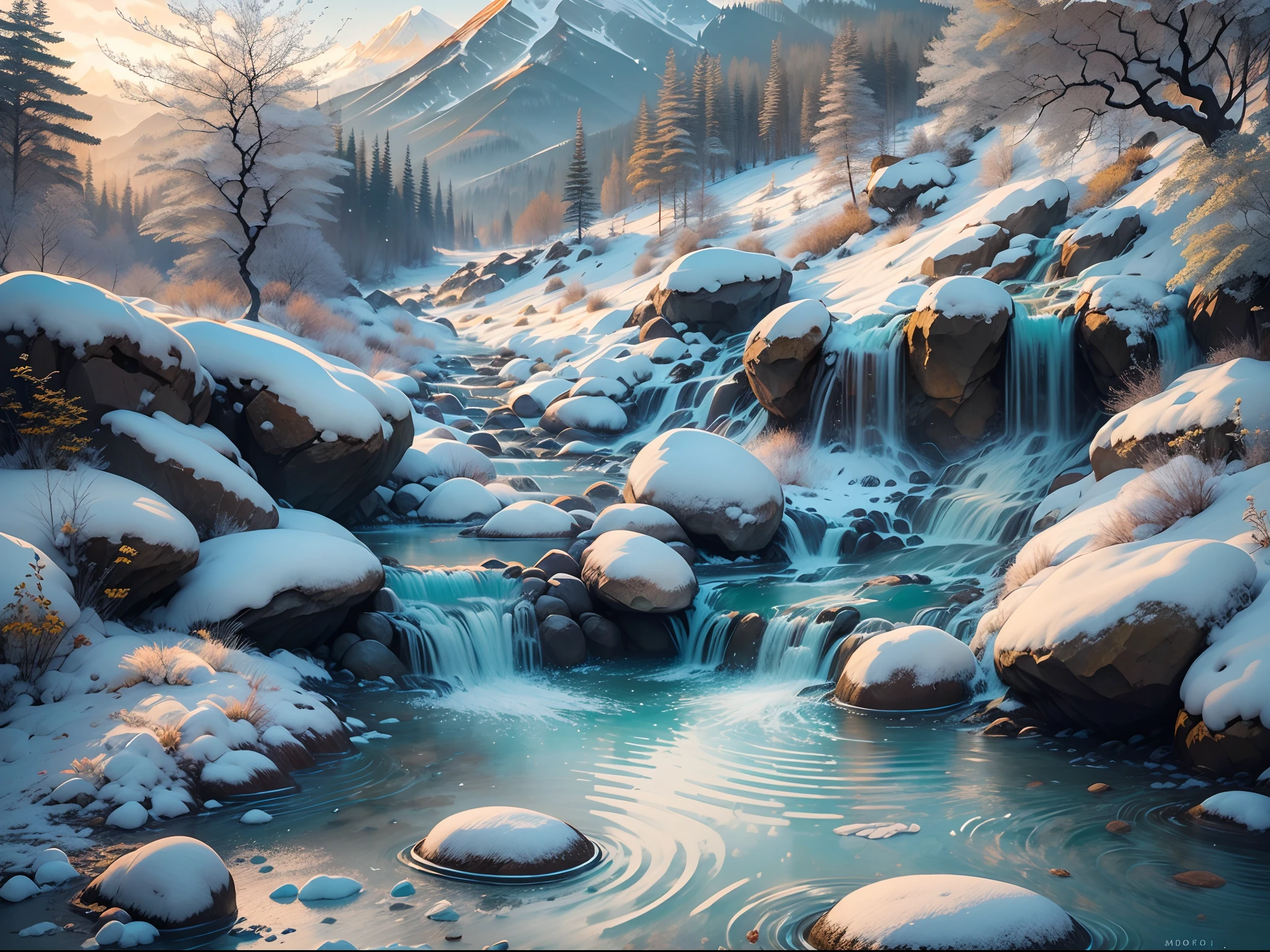(Best quality, photo-realistic:1.2), Nature,lindo cenario, Melt snow and ice, Mountain streams and flowing water,Clear stream, Masterpiece:1.23, Photography.