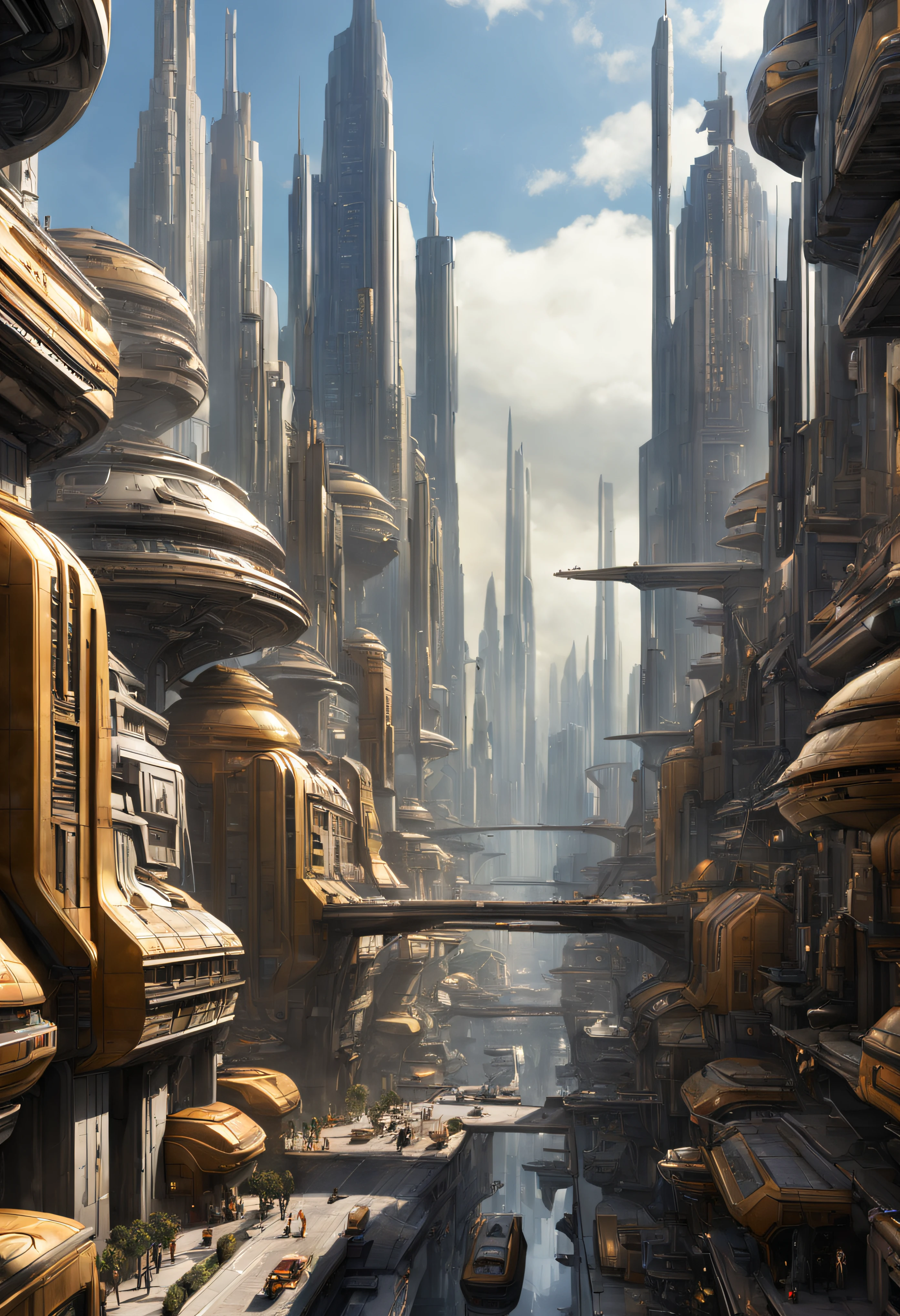 The city of Coruscant from Star Wars as designed by Doug Chiang, futuristic fantasy city with immense buildings of technological design (que forman una avenida infinita), edificios compactor no difuminados, con estructuras acristaladas en plata, oro y bronce espectaculares, (con colores vivos). pavimento ensolado (sin brillo). gente paseando. imagen bien definida con muchos edificios juntos. imagen nitida bien definida 8k. los edificios llegan alta el fondo.,8k. imagen cinematografica. iluminacion hora dorada. calidad superior.