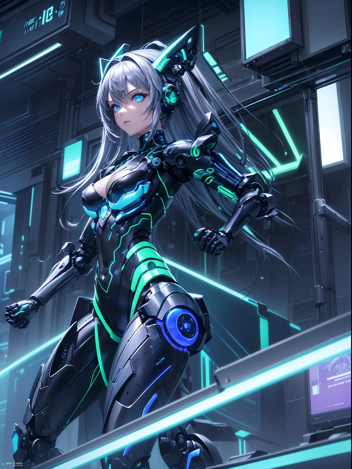 absurderes,(​masterpiece、top-quality、8K ),intricate detailes,ultra-detailliert、1 Beautiful, And a woman of perfect proportions,(Machine Girl 1.3),Purple long hair,cleavage,Navel,upper body,(Mechanical body,mechanical arms :1.4),(greenr&Silver metallic body:1.3),Neon Light Parts,Red glowing neon lights,Blue Glowing Neon Lights、Mechanical headgear ,(Cyberpunk ),(Fighting stance:1.2),Hyper realistic,Perfect Anatomy