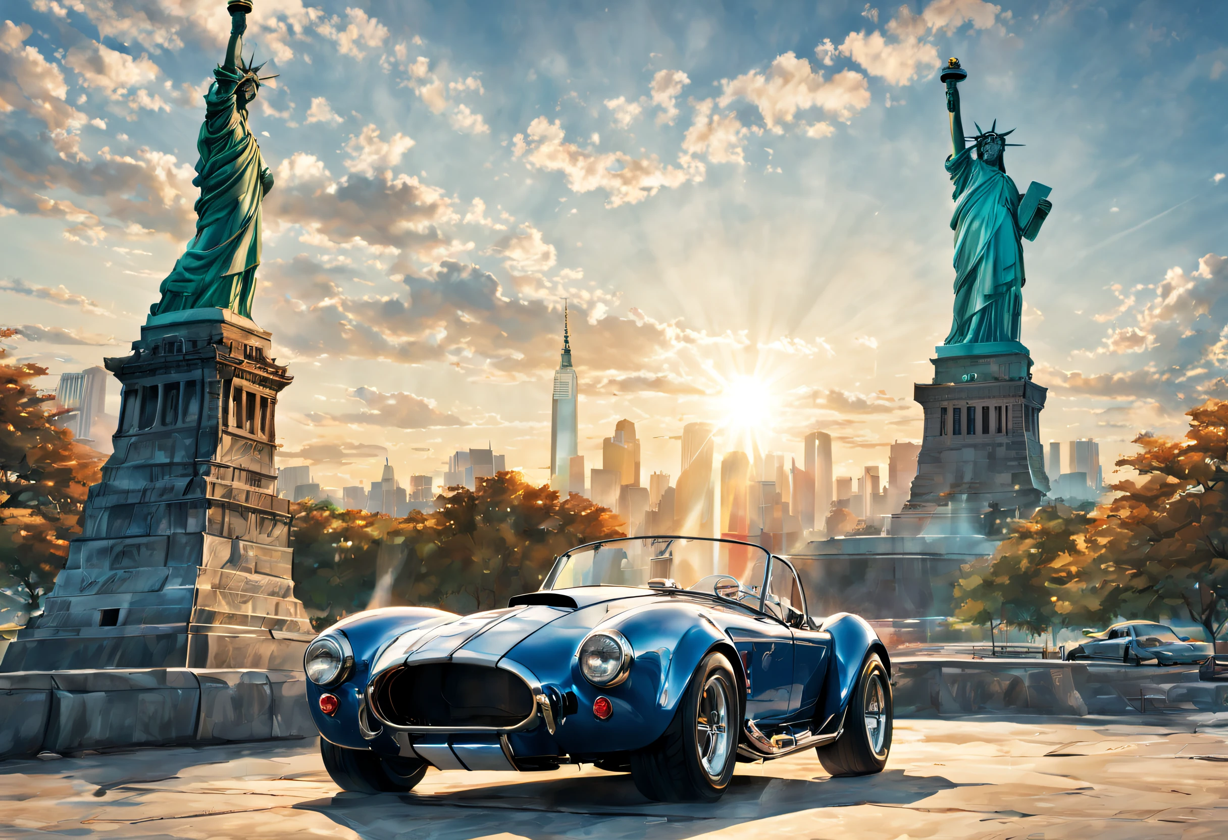 A Shelby Cobra, in front of the Statue of Liberty, with sun, manga style drawing, realistic, distant view.

(best quality,4k,8k,highres,masterpiece:1.2), ultra-detailed, (realistic,photorealistic,photo-realistic:1.37), Shelby Cobra, Statue of Liberty, sun, manga style drawing, distant view, vibrant colors, dynamic lighting, glossy finish, speed theme, classic car, New York City skyline, intense shadows, dramatic perspective, detailed engine, shiny metal body, distinct muscle car shape, comic book illustration style, powerful stance, vintage feel, futuristic cityscape in the background, attention to car's curves, precise line work, expressive characters in the manga style, soft shading, flares of sunlight, clean lines, bold colors, voluminous clouds, iconic symbol, majestic proportions, confident posture, statuesque monument, dynamic composition, clear blue sky, natural lighting, cinematic atmosphere.