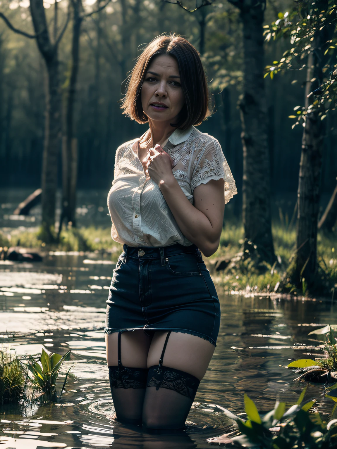 (magazine cover, Attention-grabbing, heading, stylish, font, memorable, heading, big, Sensation), Hyper-realistic, tmasterpiece. (Gloomy Forest:1.2), An old woman, standingn, (drowning in a bog:1.3). анальная пробка, (lace stockings:1.05), leather jacket, (worn out:1.3), blouse, short coppery red hair, gloomy ecstasy,