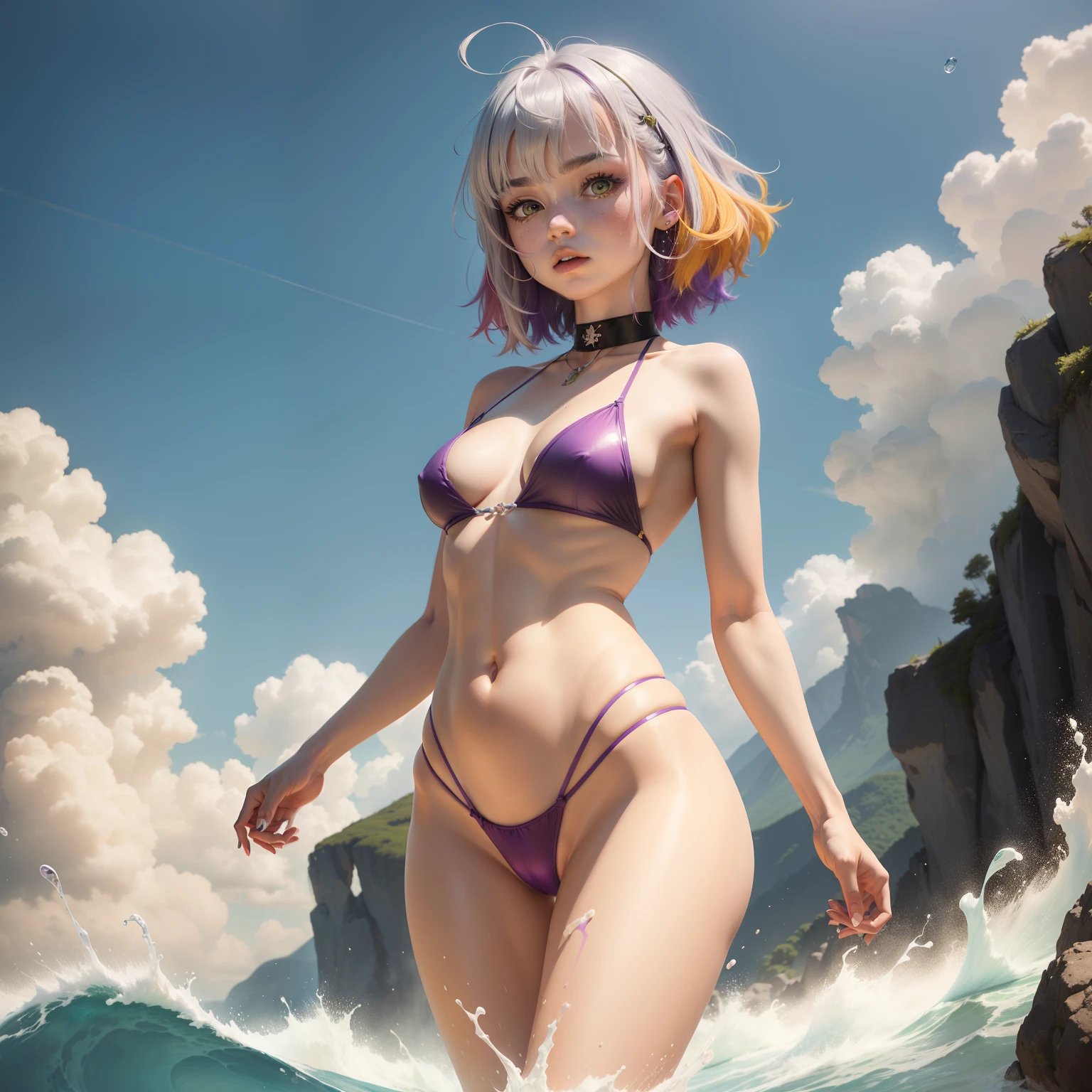 1.5),(1 girl),(Dynamic Pose),(multicolored hair+Silver hair:1.3+Red hair:1.2+Purple hair+Yellow hair:1.3+Green hair:1.3),(Blue eyes),(Neck ribbon),(floating),(cloud),(Too many drops of water),(Twilight),(watercolor paiting),(Wide Shot),anklets,sandal,barechested,