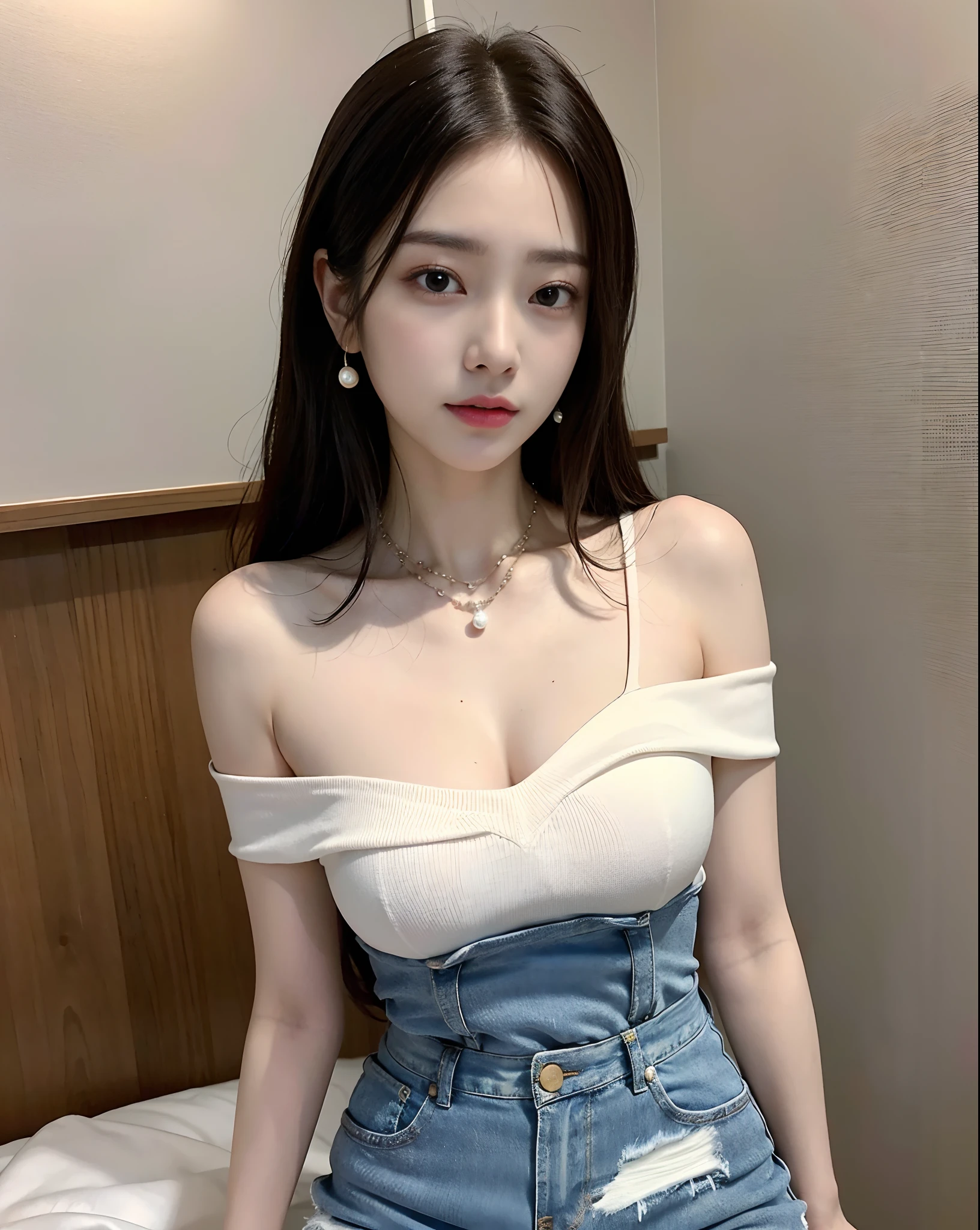 20 year old korean girl, Korean Idol Pop Stars, beautifull face, beautidful eyes, face light(natta:1.1), (Extremely detailed CG unity 8k wallpaper), (Masterpiece), (Best Quality), (Ultra-detailed), (HDR:1.4), Longhaire, off_shoulder, see -through, (side_Slit:0.6), Glamour, bulky_pectorals, viewer's gaze, Full Body Shot, perfect body proportions, perfect hand, perfect fingers, Professional Shading, ((Skinny jeans)), Seductive Face, frontal view, Wit Studio Indirect Lighting, Amazing painting, Best Illustration Performance, Masterpiece, adorable face, pearls, bright, incandescent, White skin, natta_vista_Background with, charming., sunshine, Face to face, blushing, aqua_Earrings, necklaces, glove, Real hands, enhance, DetailPace, DetailEyes,