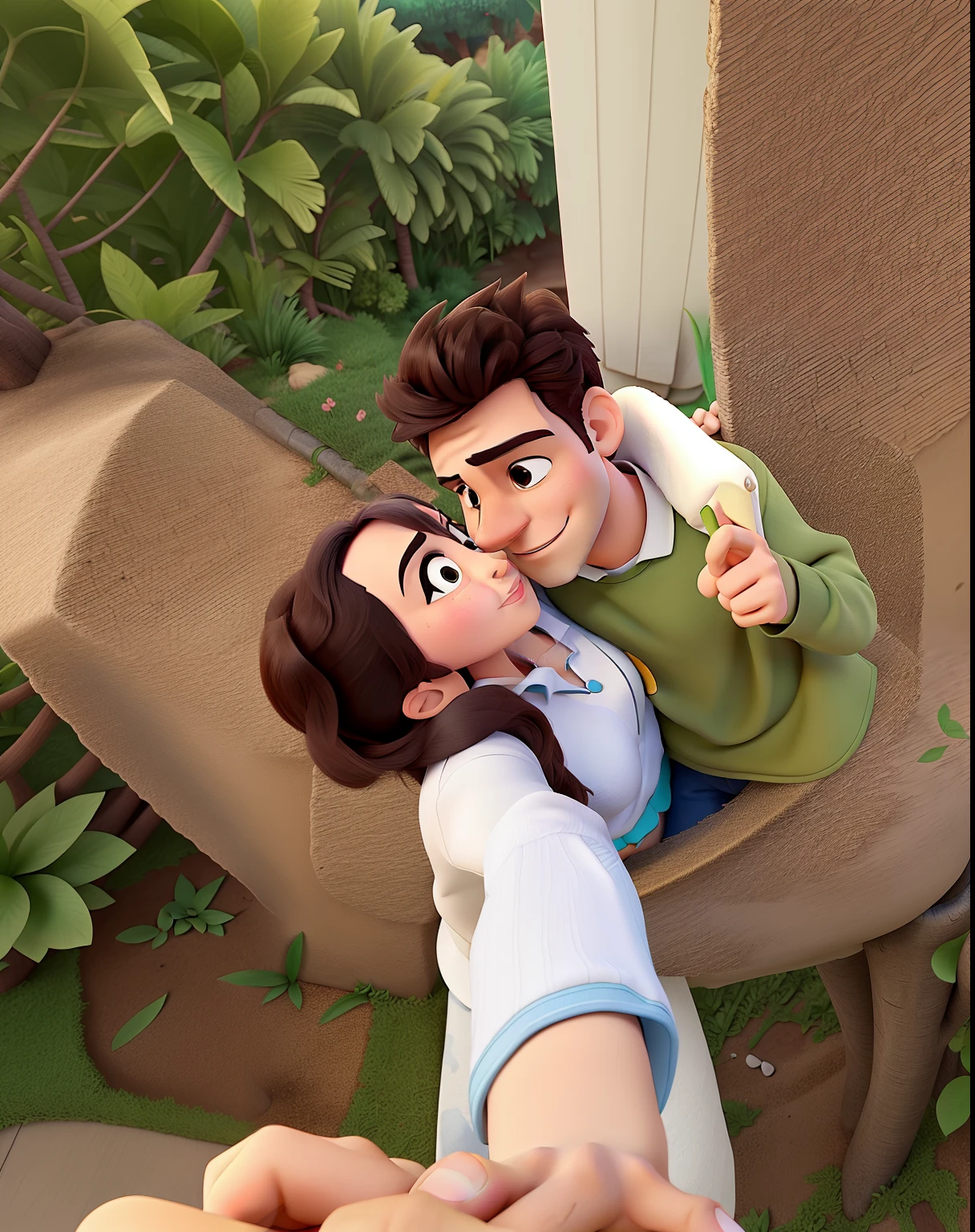 Um casal fazendo uma selfie enquanto passeia, An animation-style Disney cartoon